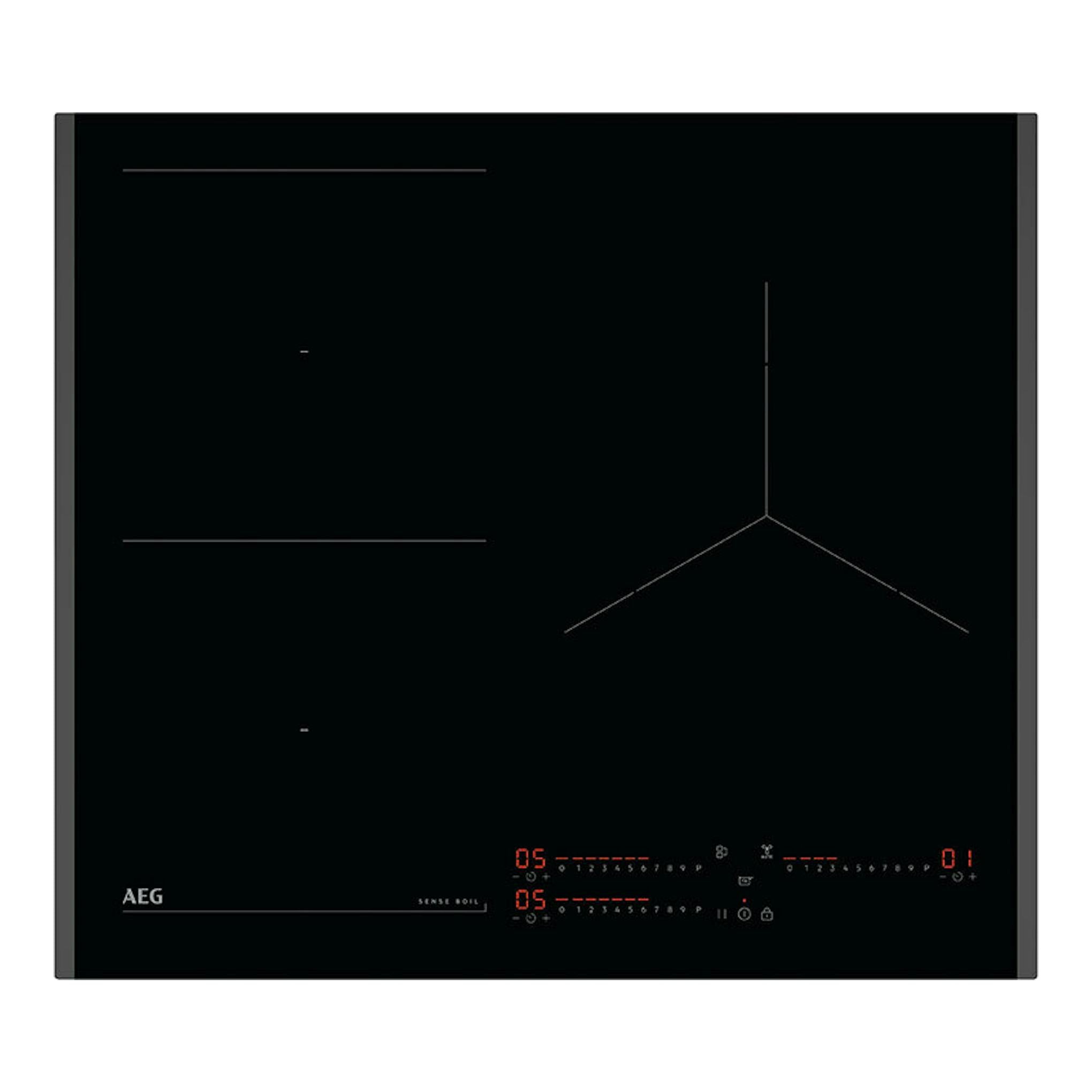 Placa de inducción AEG TI63IQ1BFB negra, vista frontal superior, con mandos táctiles iluminados.