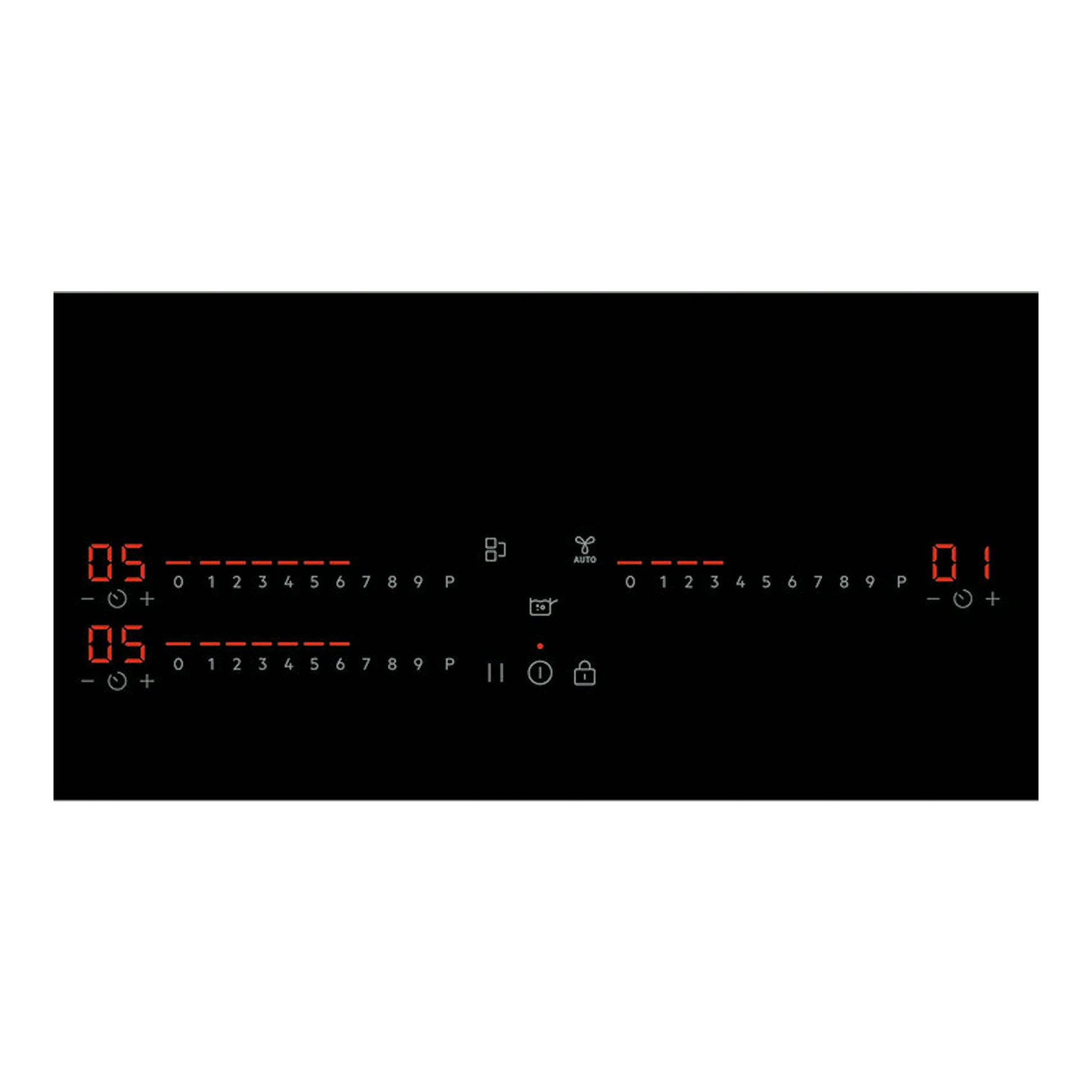 Placa de inducción AEG TI63IQ1BFB negra, vista superior, con mandos táctiles y dígitos rojos.