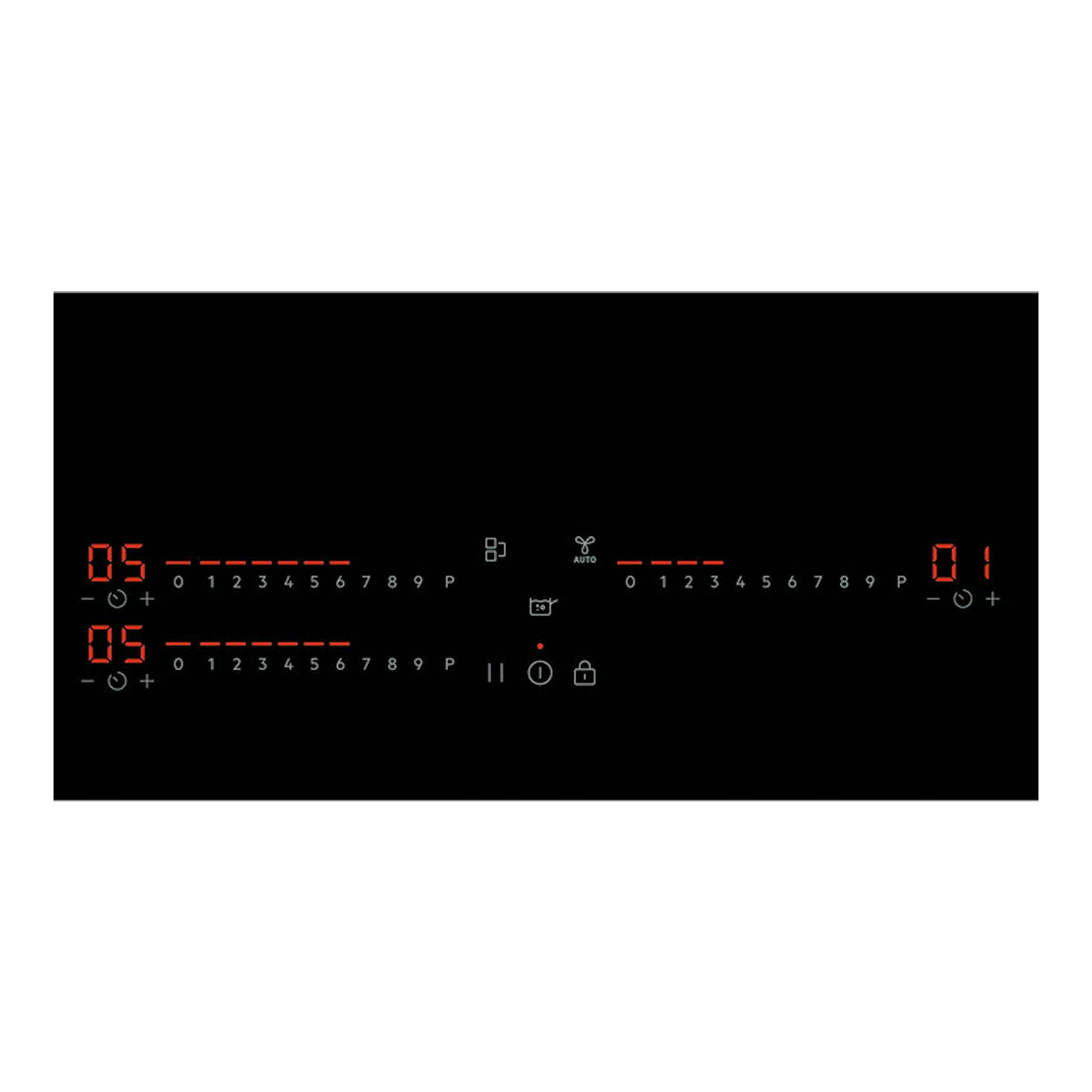 Placa de inducción AEG TI63IQ1BFB negra, vista superior, con mandos táctiles y dígitos rojos.