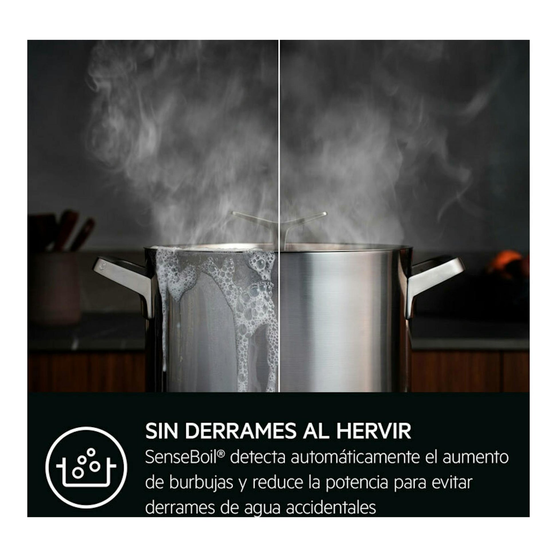 AEG TI63IQ1BFB: vista frontal de dos ollas hirviendo sobre placa de inducción, con texto sobre evitar derrames.