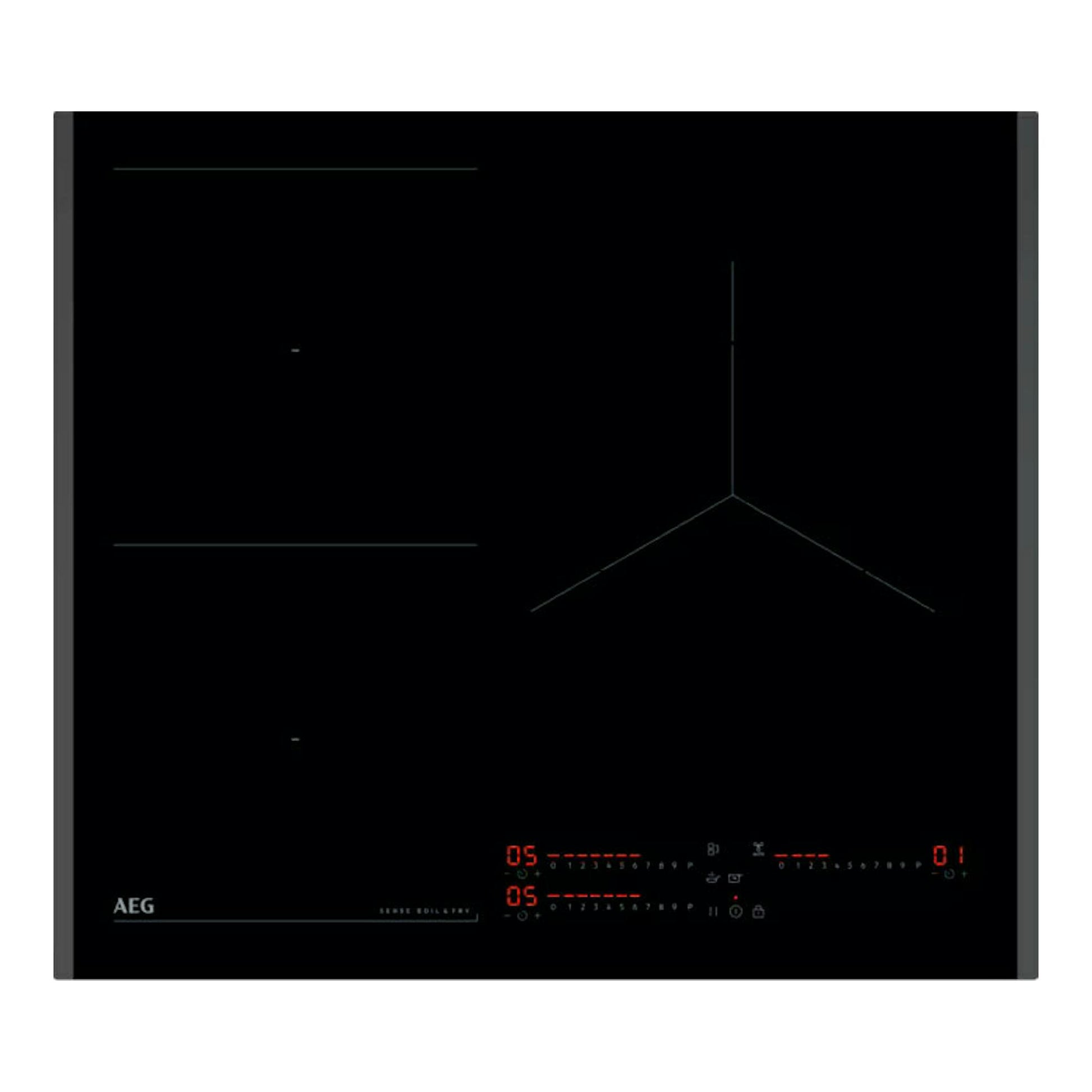 Placa de inducción AEG TI63IQ30FB negra, vista superior, con zonas de cocción y mandos táctiles.