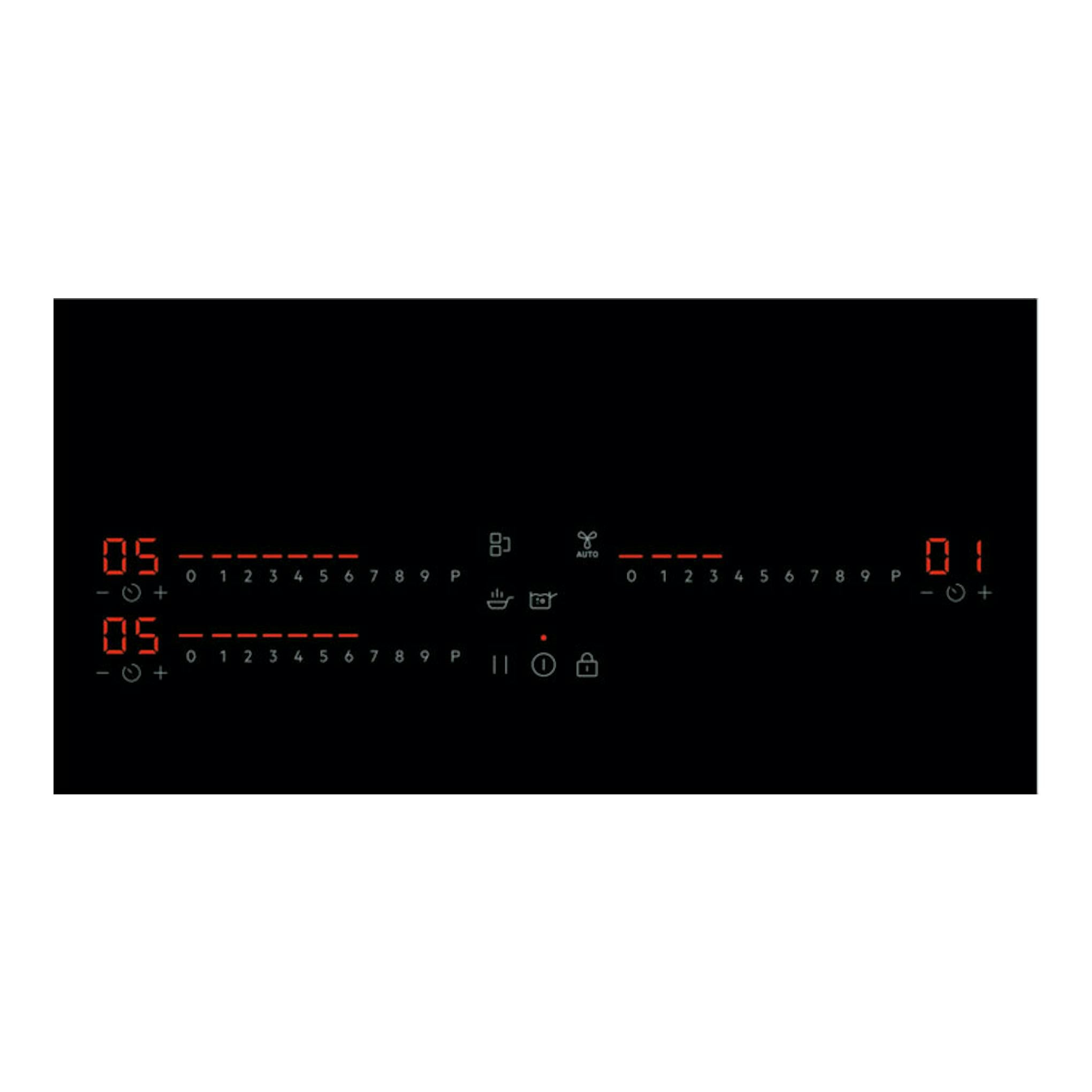 Placa de inducción AEG TI63IQ30FB negra, vista frontal, con mandos táctiles y displays rojos.