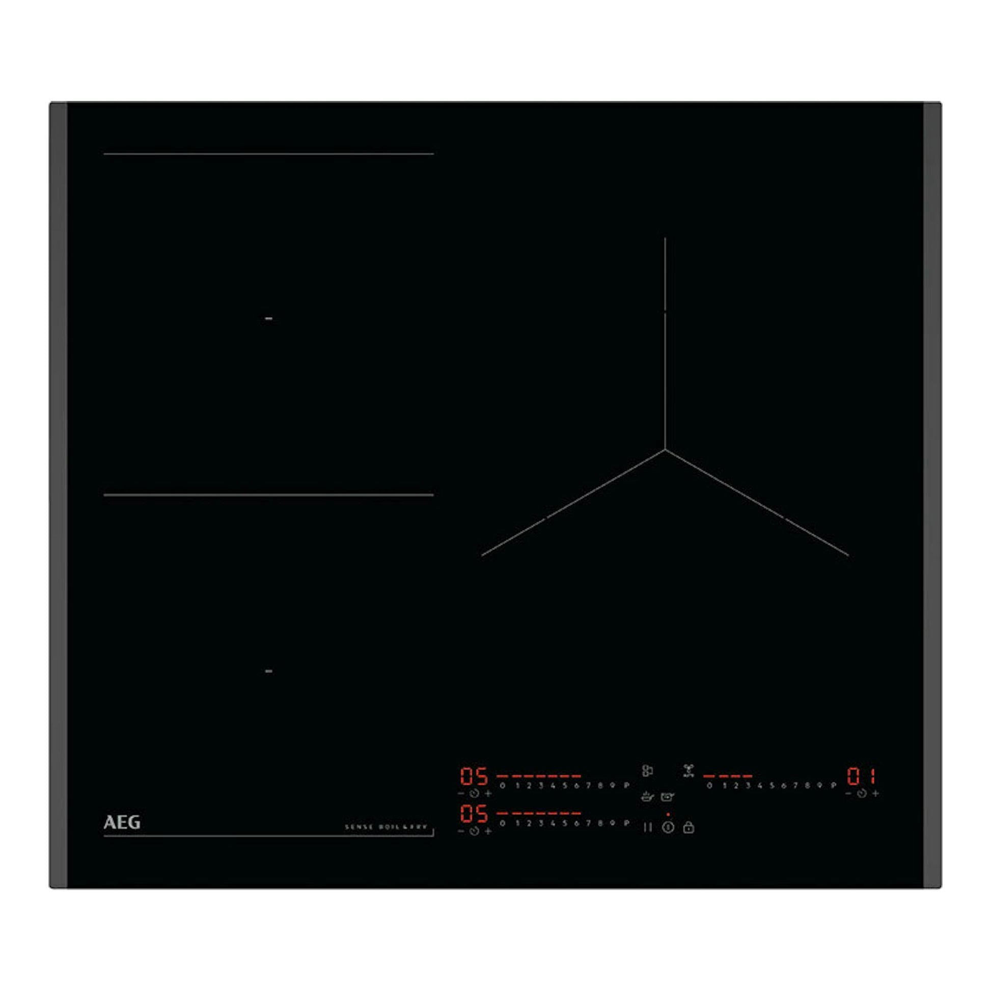 Placa de inducción AEG TI63IQ3BFB negra de 60 cm, vista superior, con mandos táctiles y zonas de cocción.