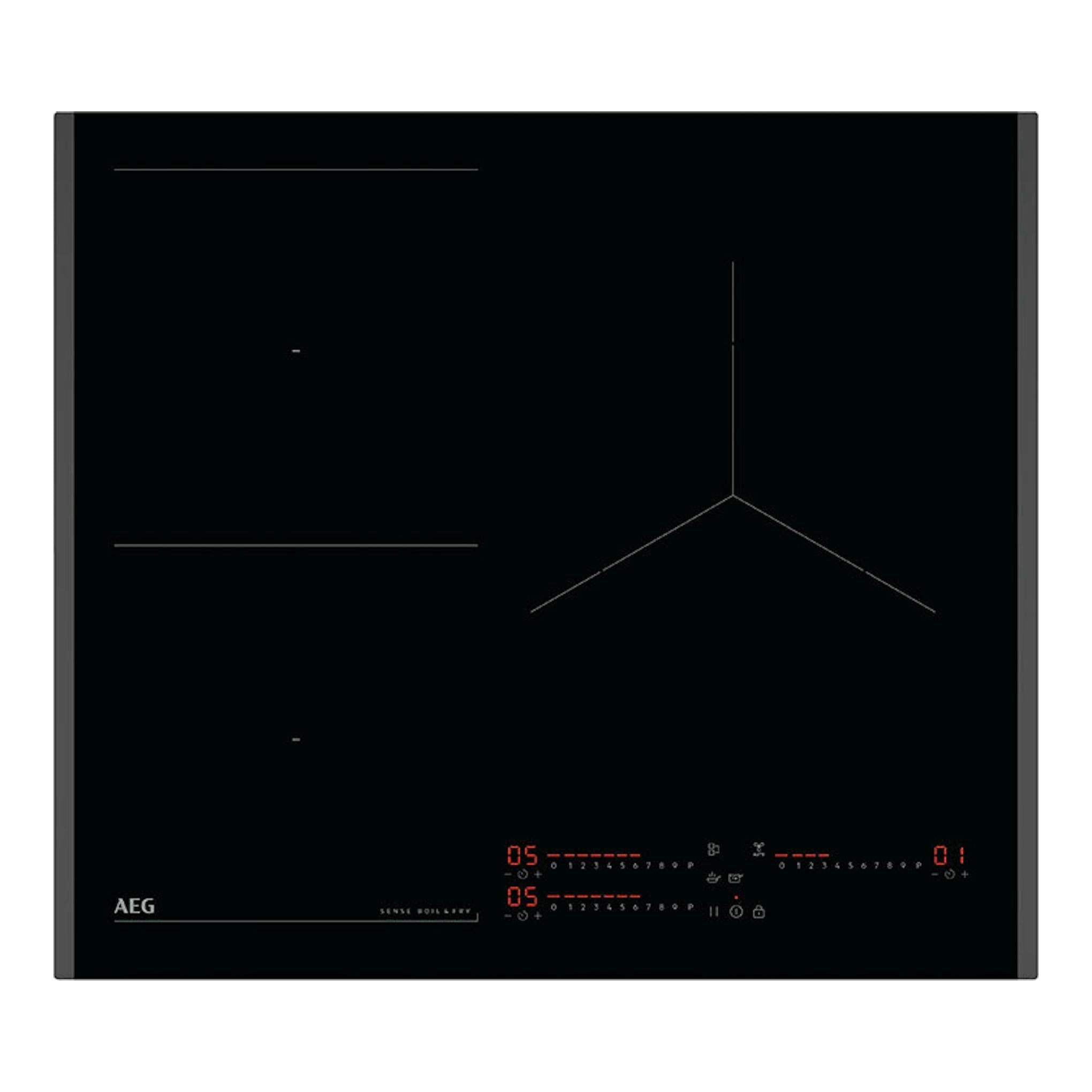 Placa de inducción AEG TI63IQ3BFB negra de 60 cm, vista superior, con mandos táctiles y zonas de cocción.