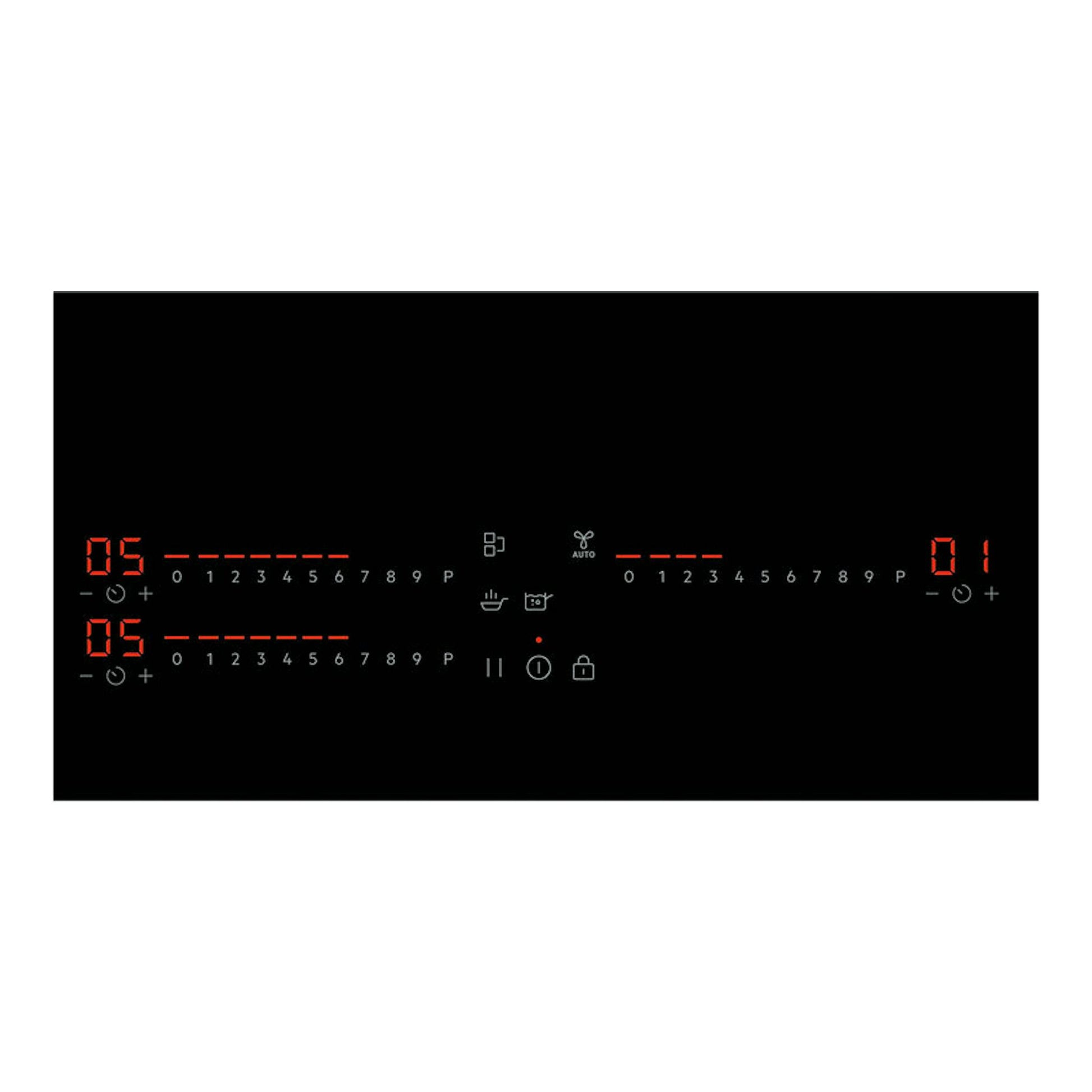 Placa de inducción AEG TI63IQ3BFB negra, vista superior, con controles táctiles y display rojo.