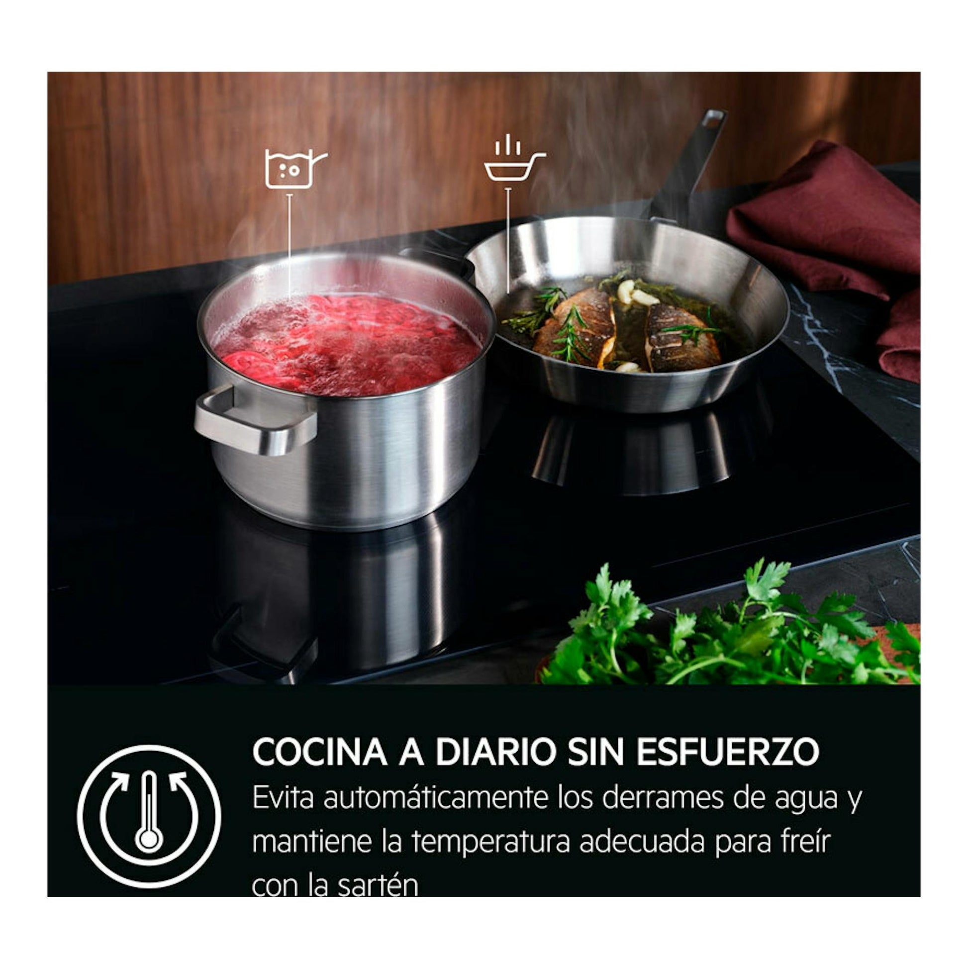 Placa de inducción AEG TI63IQ3BFB negra, vista frontal inclinada, con dos ollas sobre la superficie.