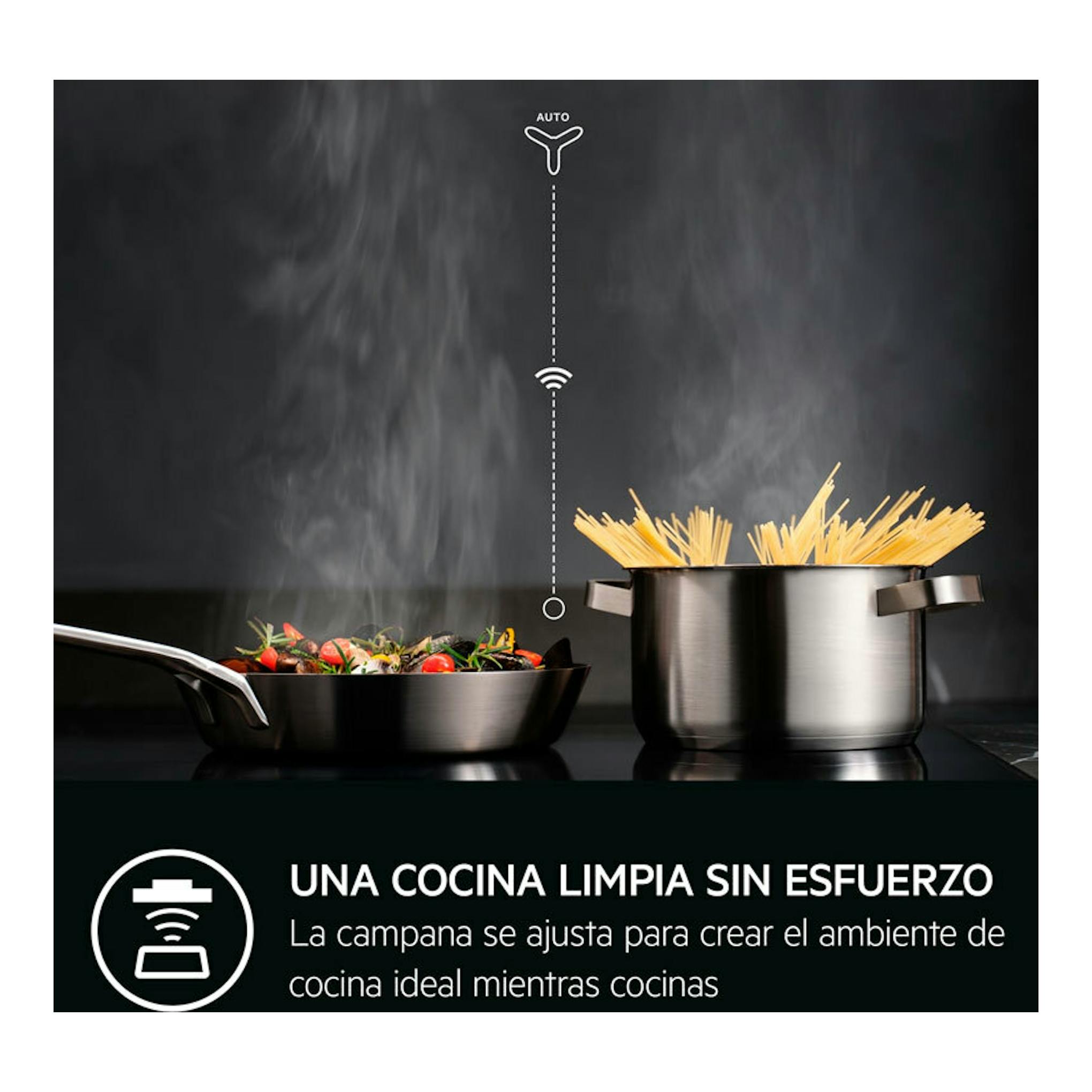 AEG TI63IQ3BFB: imagen promocional de una placa de inducción negra con dos ollas de acero y vapor.