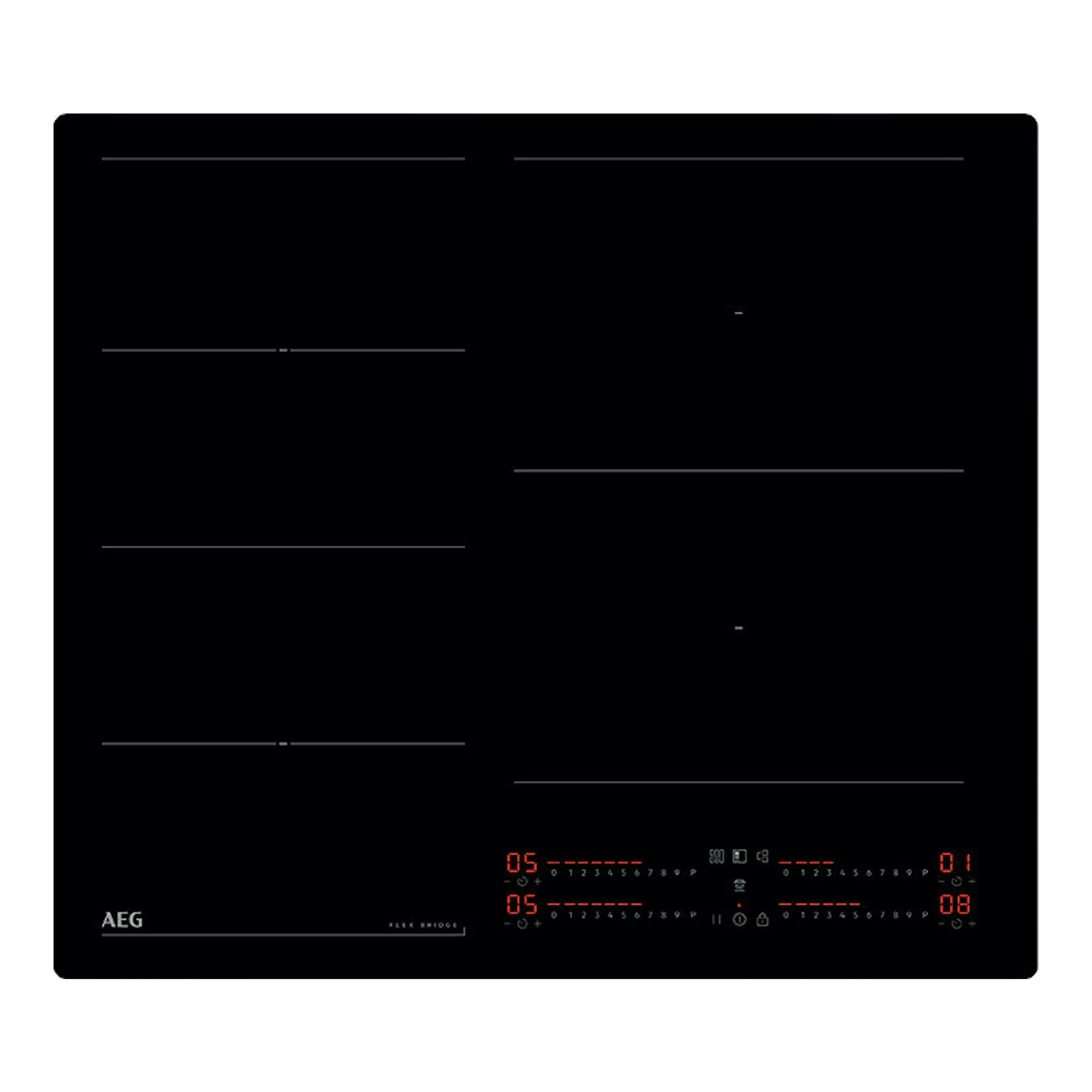 Placa de inducción AEG TI64IG00IB negra, vista superior, con mandos táctiles iluminados.