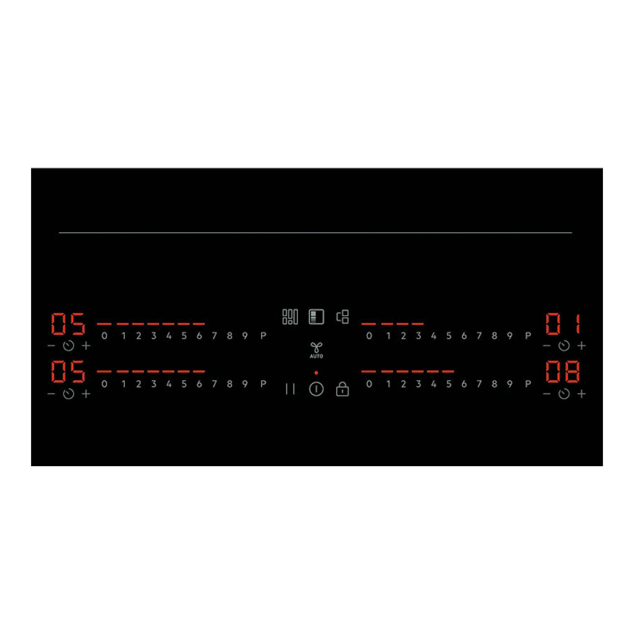 Placa de inducción AEG TI64IG00IB negra, vista superior, con controles táctiles y displays rojos.
