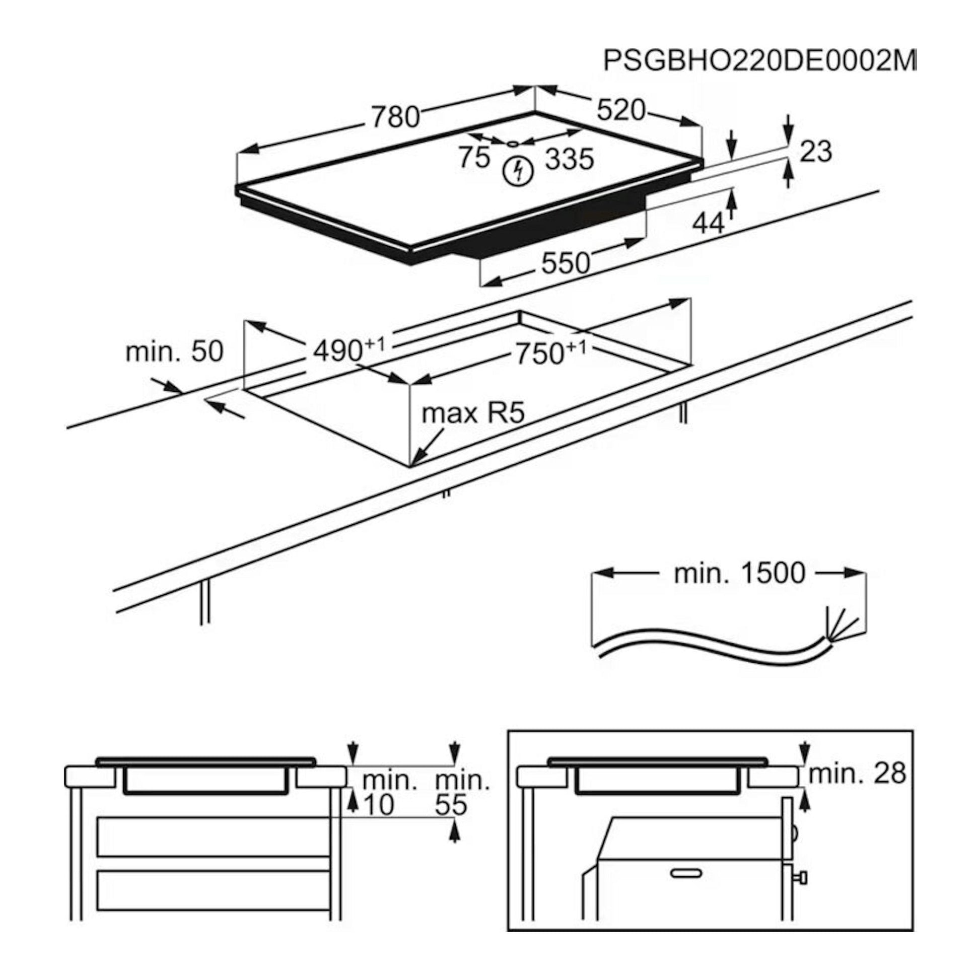 AEG TI84IB30FB: diagrama técnico de placa de inducción negra, vistas superior y lateral con medidas de instalación.