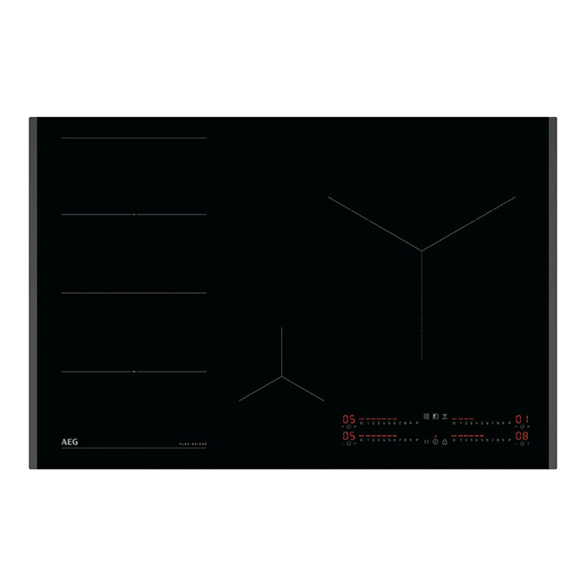 Placa de inducción AEG TI84IS00FB, 80 cm, de cristal negro, vista superior, con mandos táctiles iluminados.