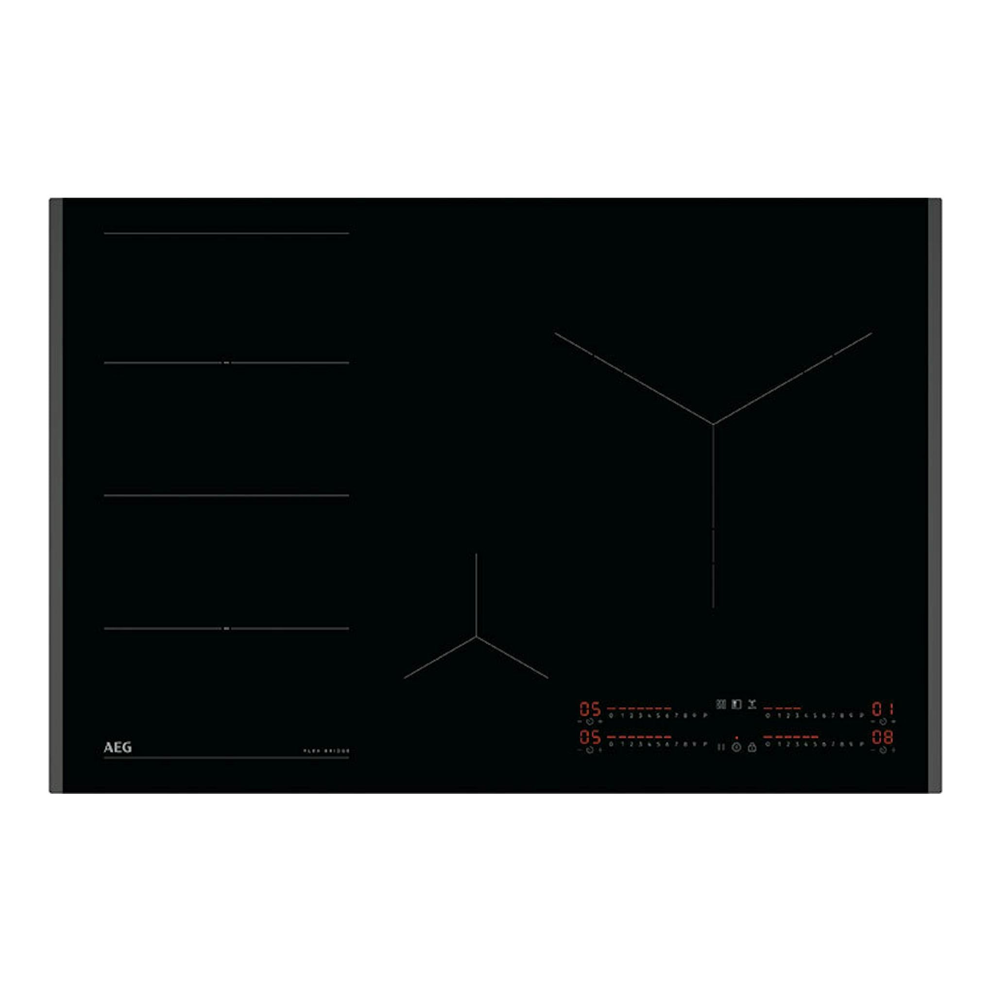 Placa de inducción AEG TI84IS00FB, 80 cm, de cristal negro, vista superior, con mandos táctiles iluminados.