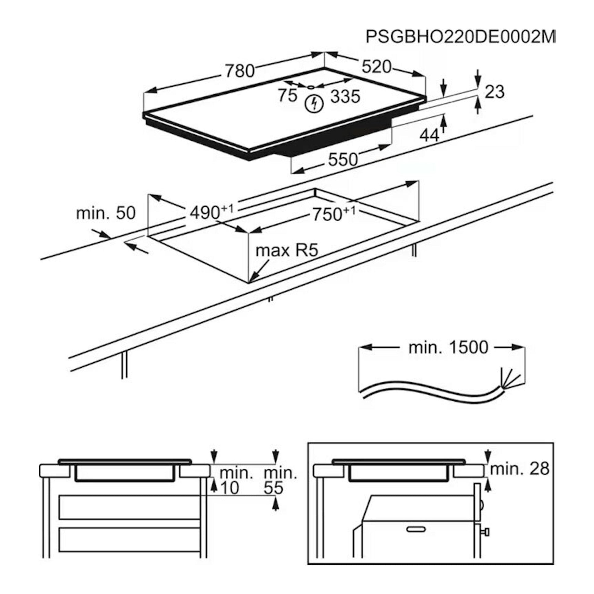 Esquema de instalación de placa de inducción AEG TI84IS00FB, vista superior y lateral, con medidas en mm.