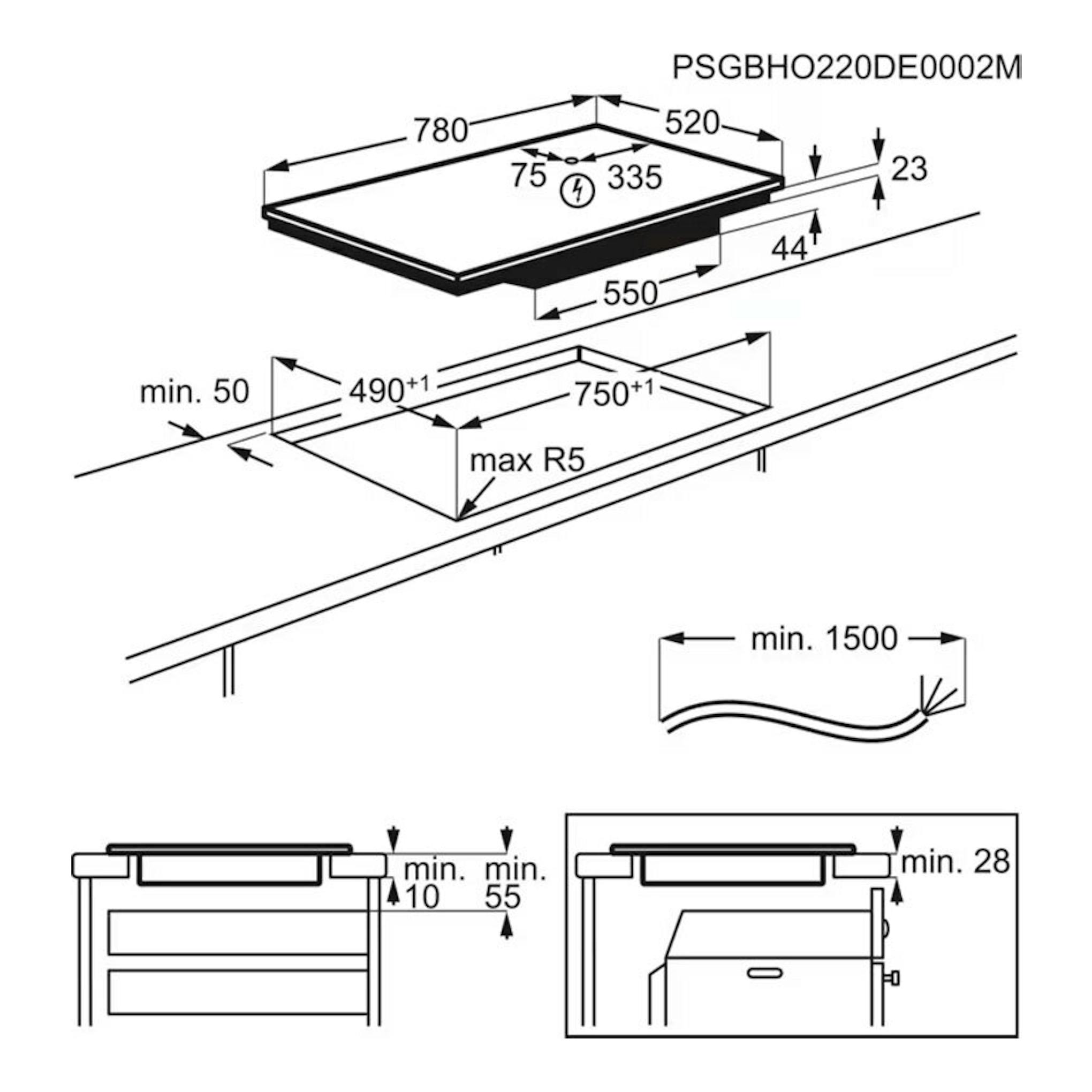 Esquema de instalación de placa de inducción AEG TI84IS00FB, vista superior y lateral, con medidas en mm.