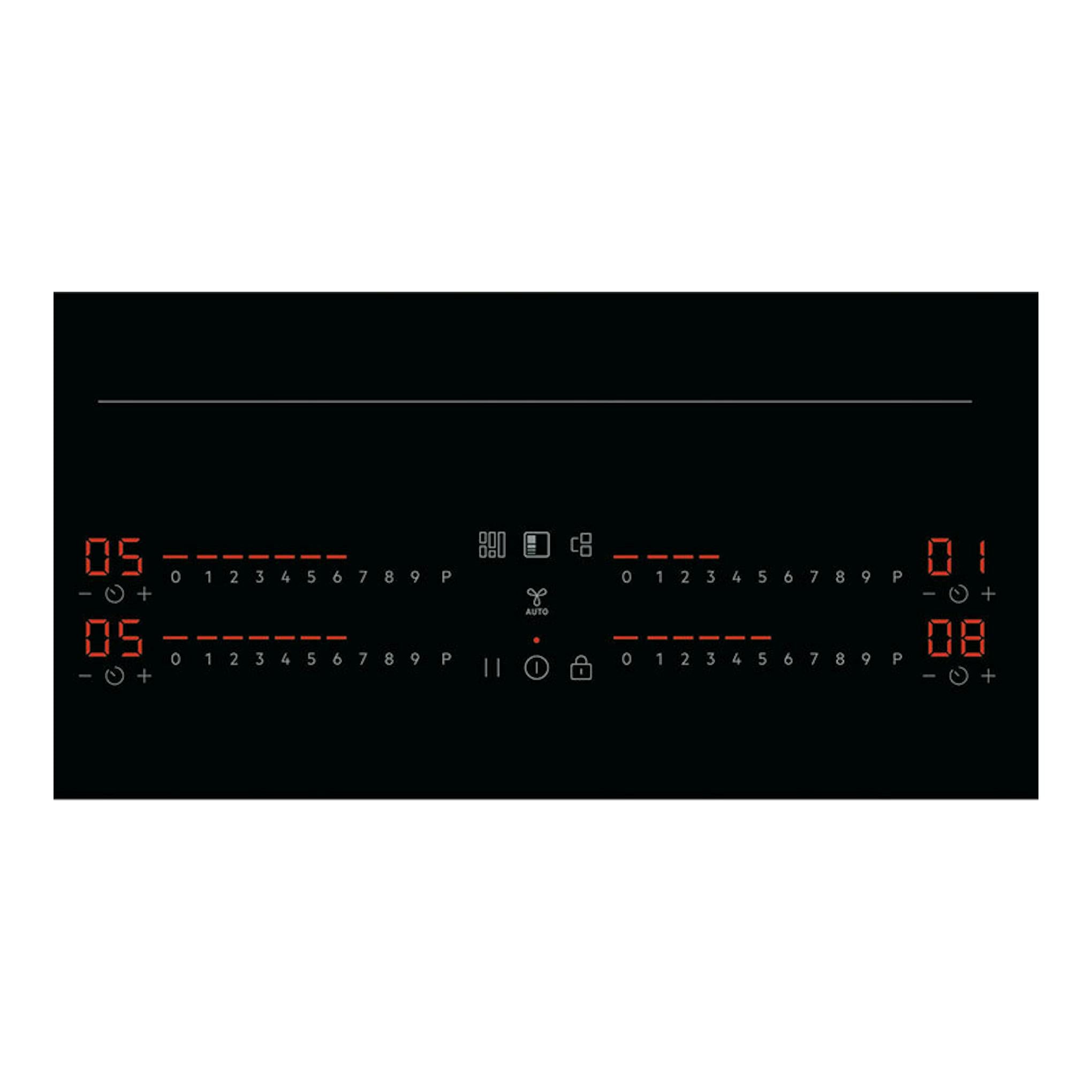 Placa de inducción AEG TI84IS00FB negra, vista frontal con controles táctiles y cuatro zonas.