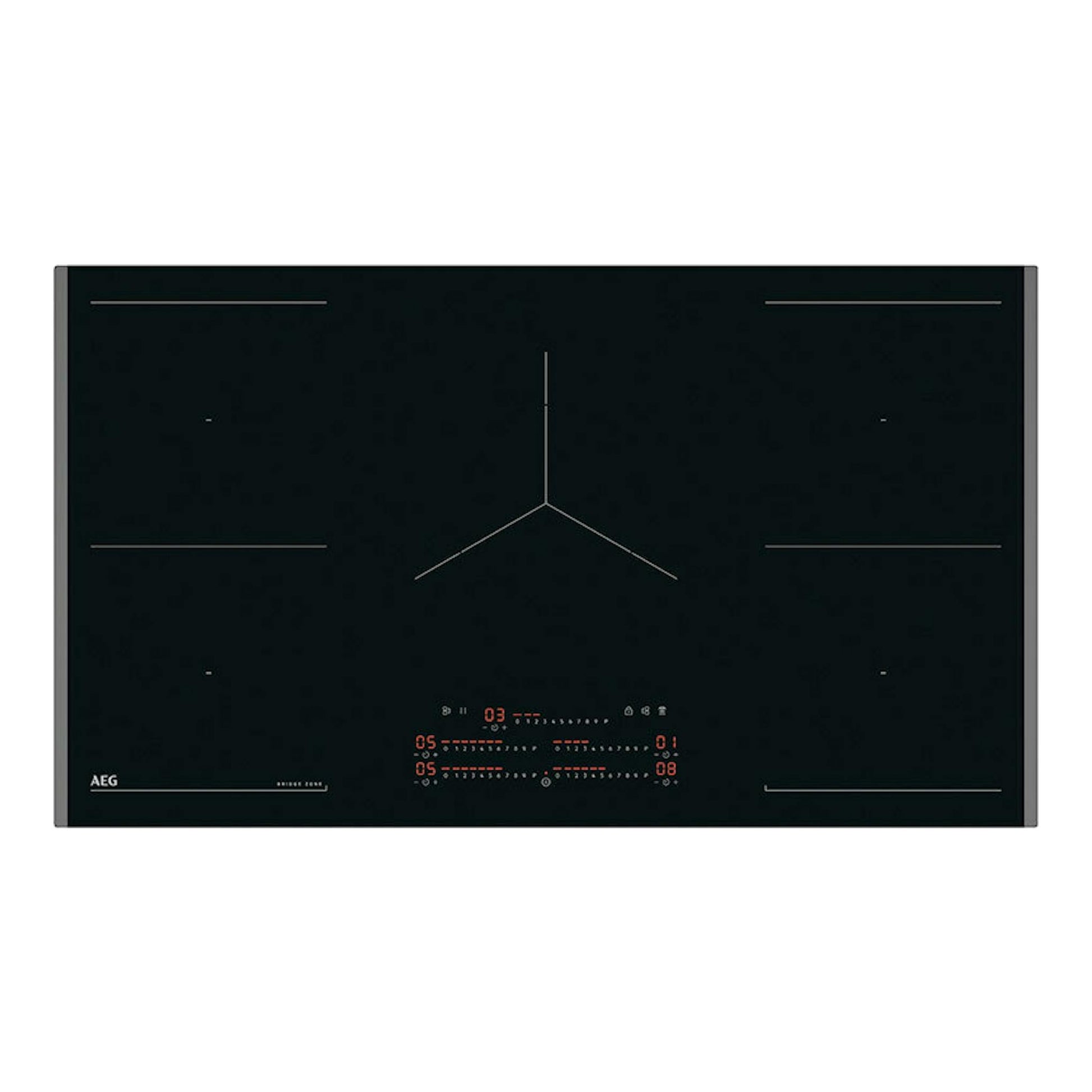 Placa de inducción AEG TK95IN00FB negra, vista frontal, con mandos táctiles y zonas de cocción.
