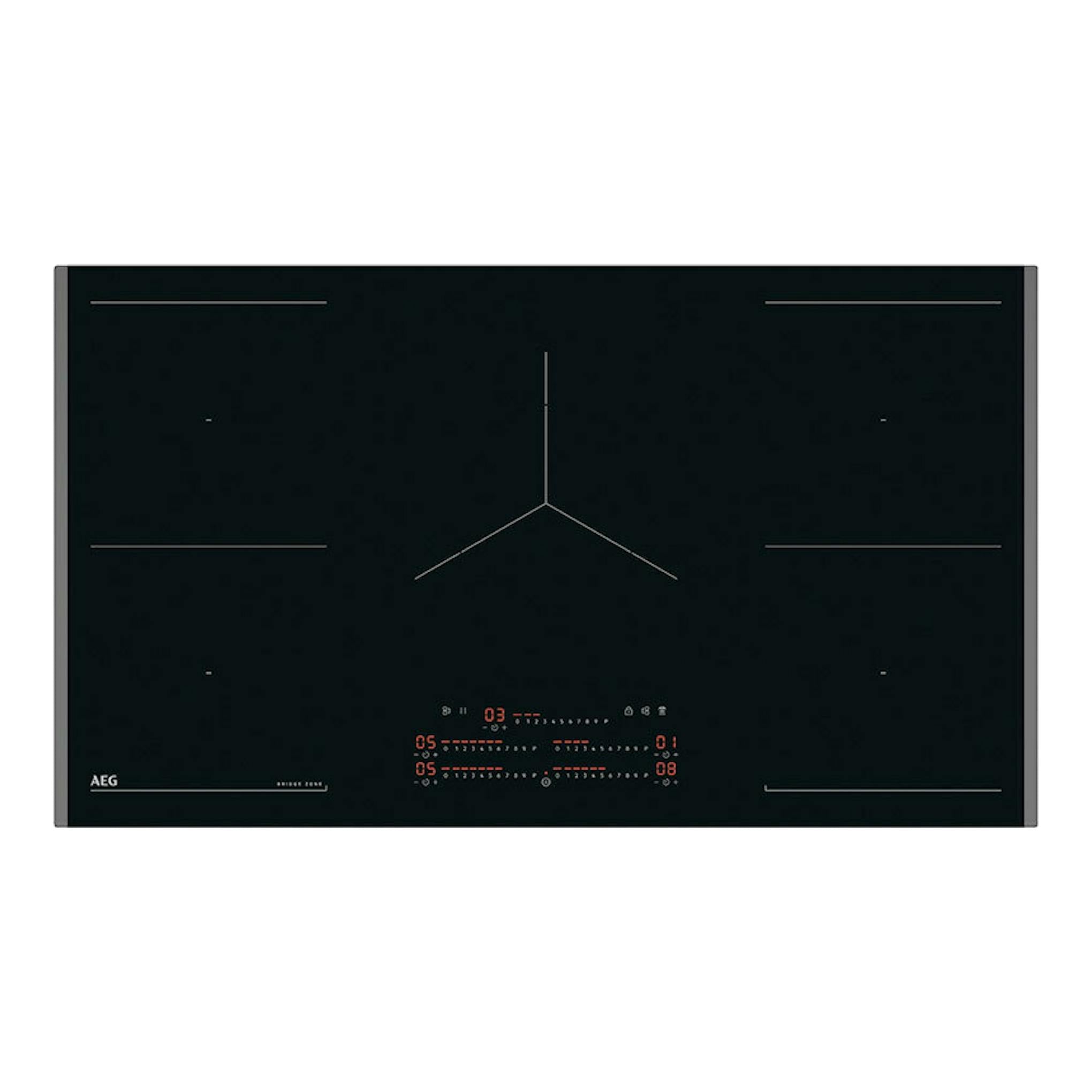Placa de inducción AEG TK95IN00FB negra, vista frontal, con mandos táctiles y zonas de cocción.
