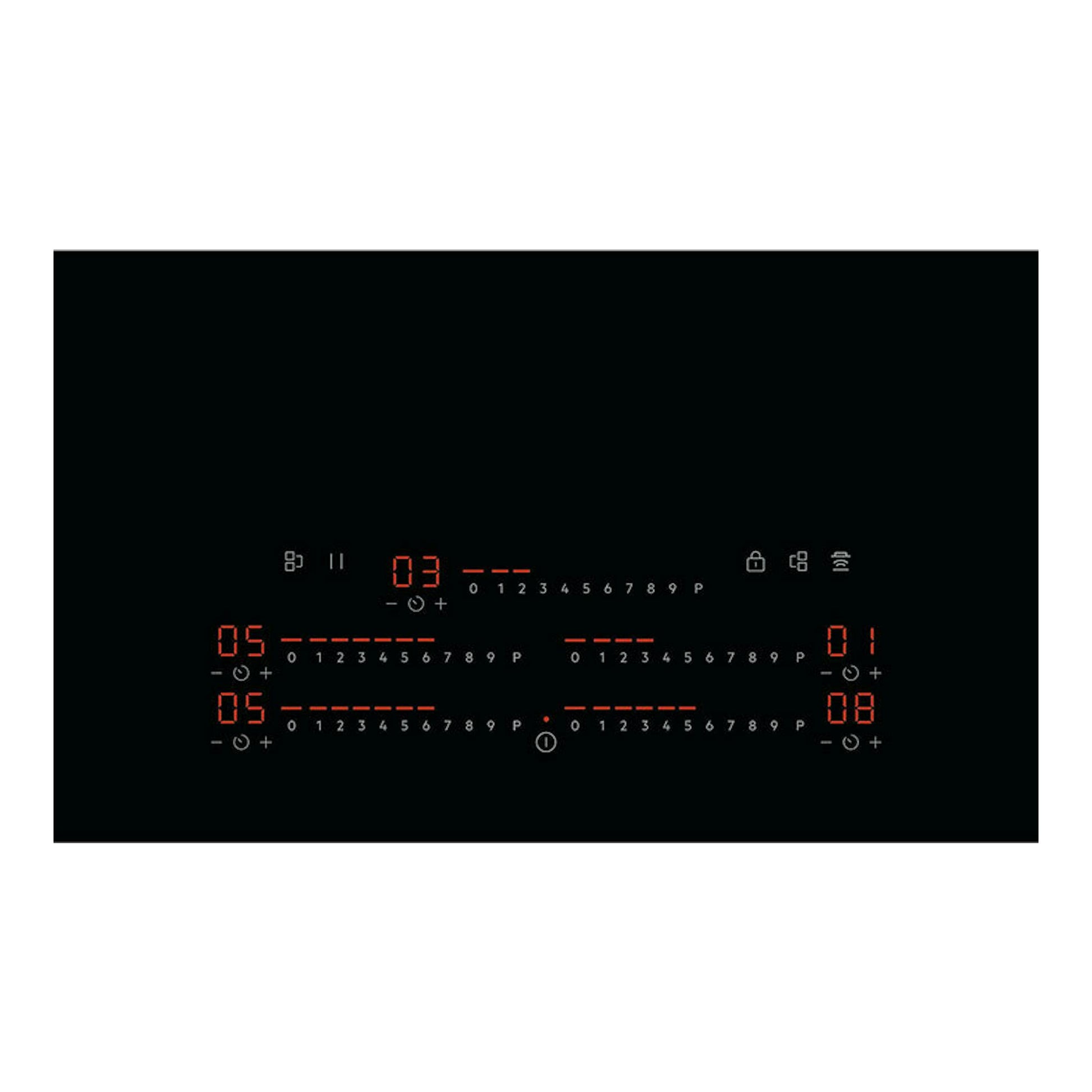 Placa de inducción AEG TK95IN00FB negra, vista frontal, con mandos táctiles y displays rojos.