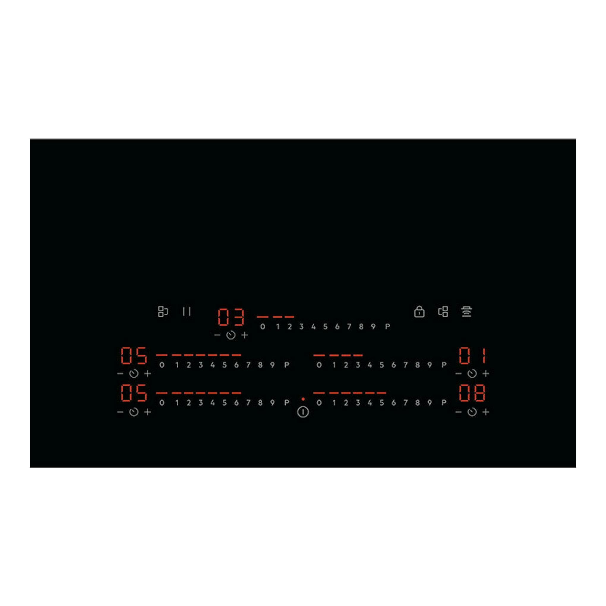Placa de inducción AEG TK95IN00FB negra, vista frontal, con mandos táctiles y displays rojos.