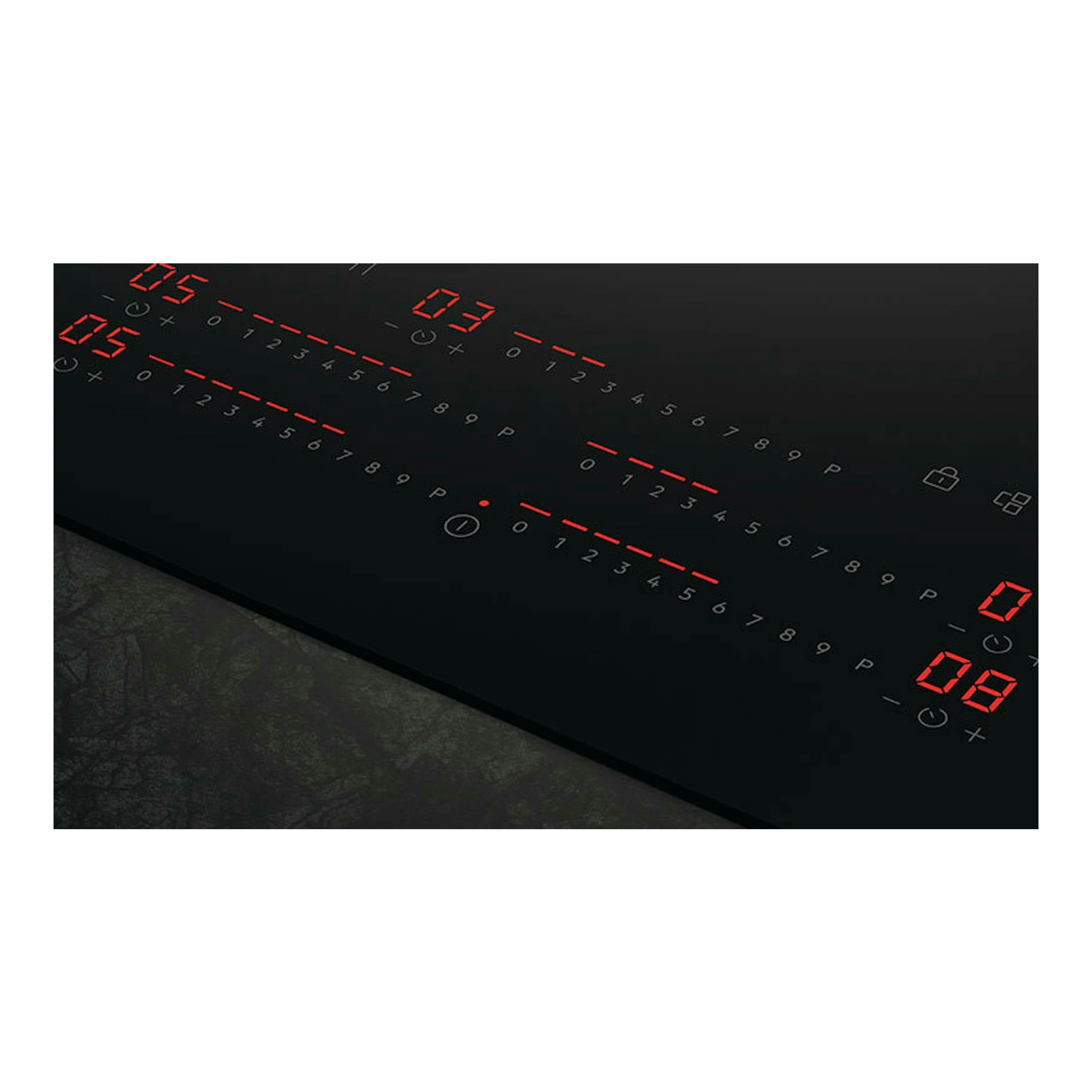 Placa de inducción AEG TK95IN00FB negra, vista superior, con mandos táctiles y displays rojos.