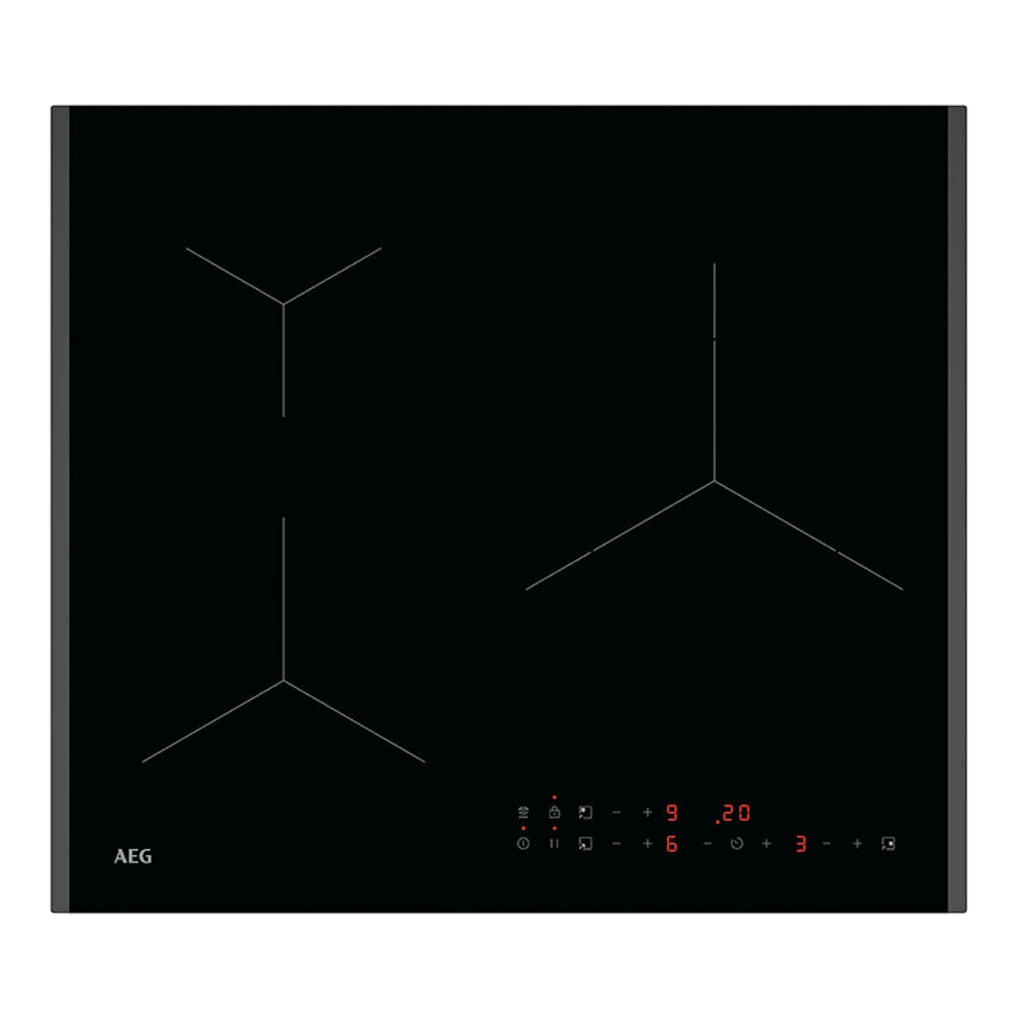 Placa de inducción AEG TN63IA00FB negra de 60 cm, vista superior, con mandos táctiles y zonas marcadas.