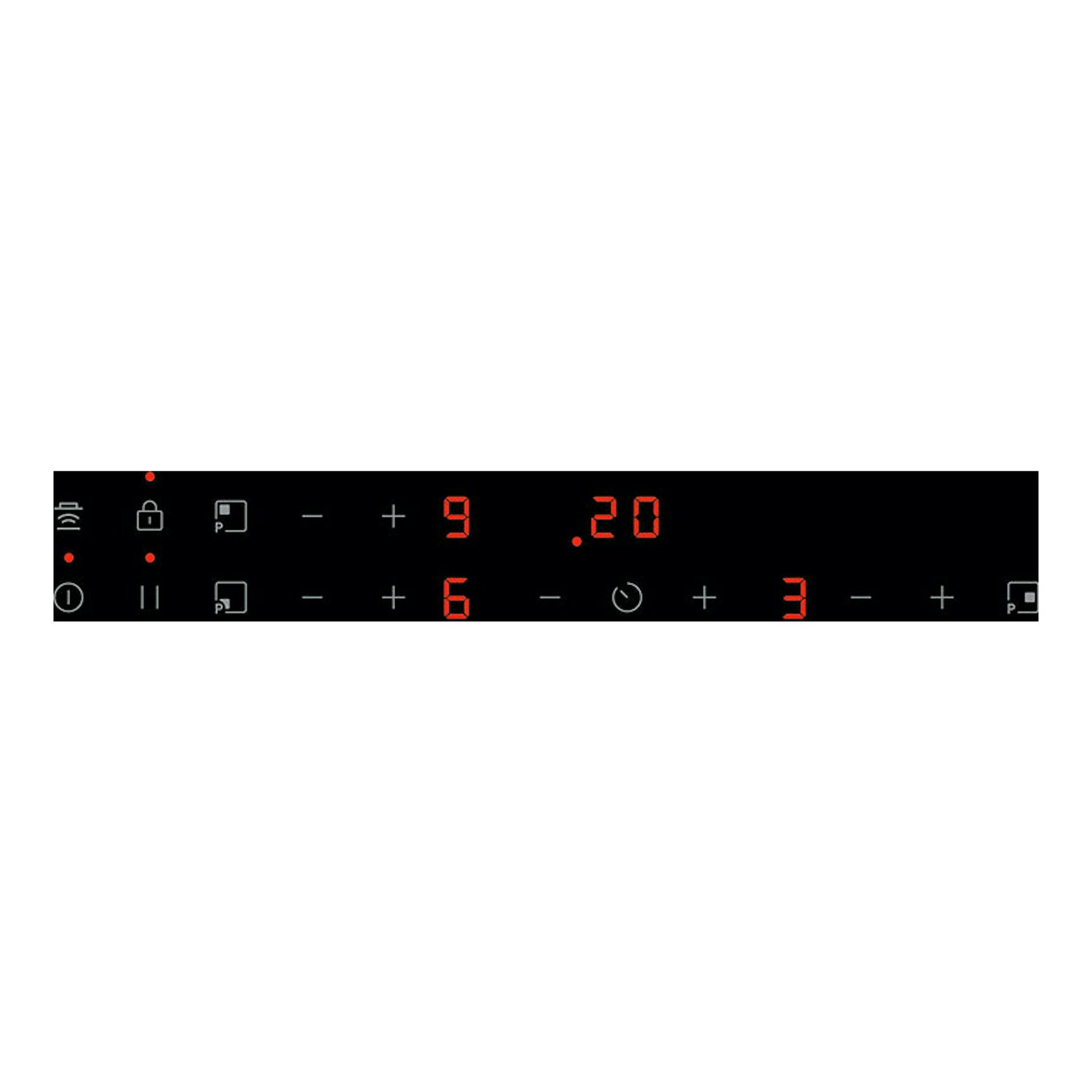 Primer plano del panel táctil negro de una placa de inducción AEG TN63IA00FB, con dígitos rojos.