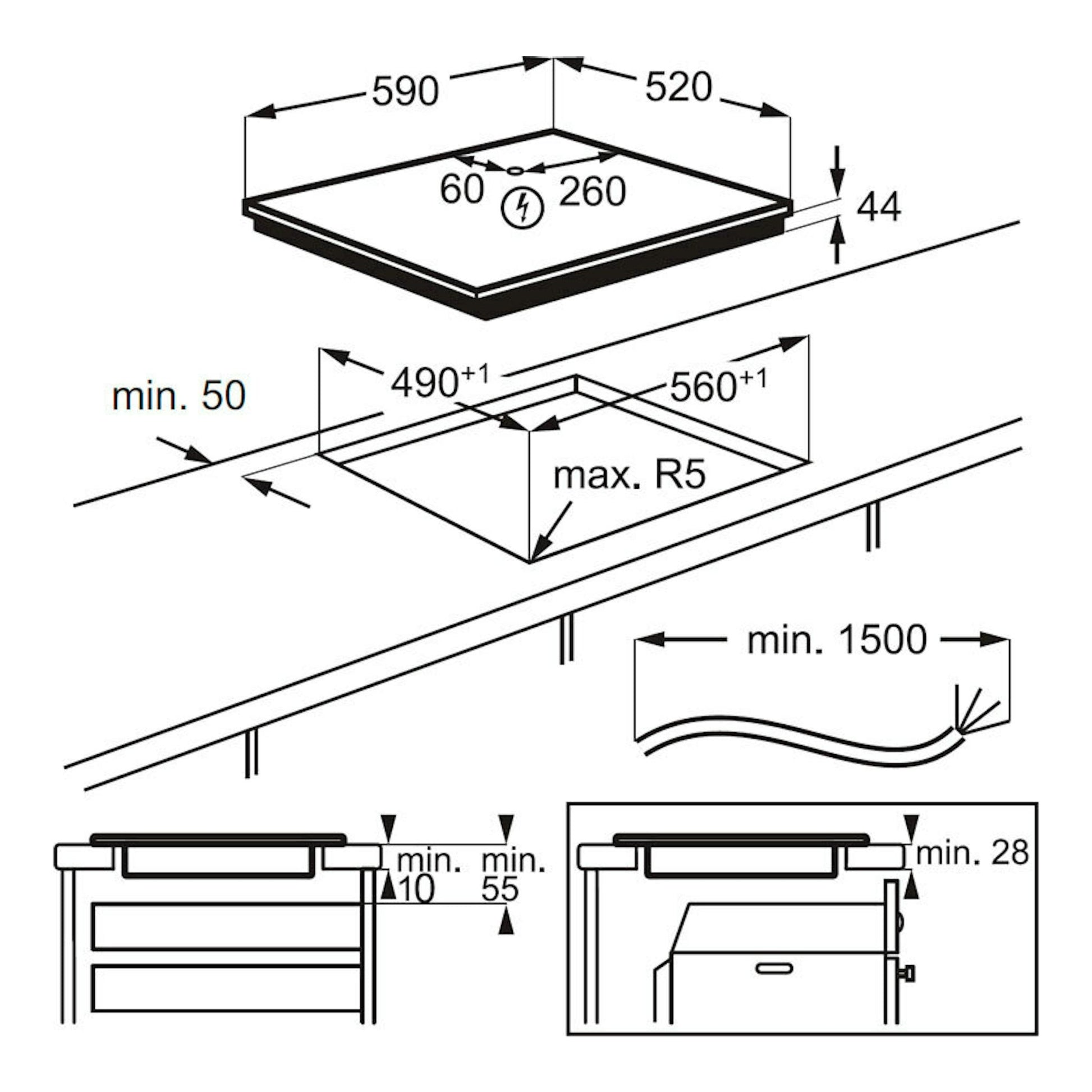 AEG TN63IP00FB: esquema técnico de placa de inducción negra de 60 cm con medidas de encastre y altura.