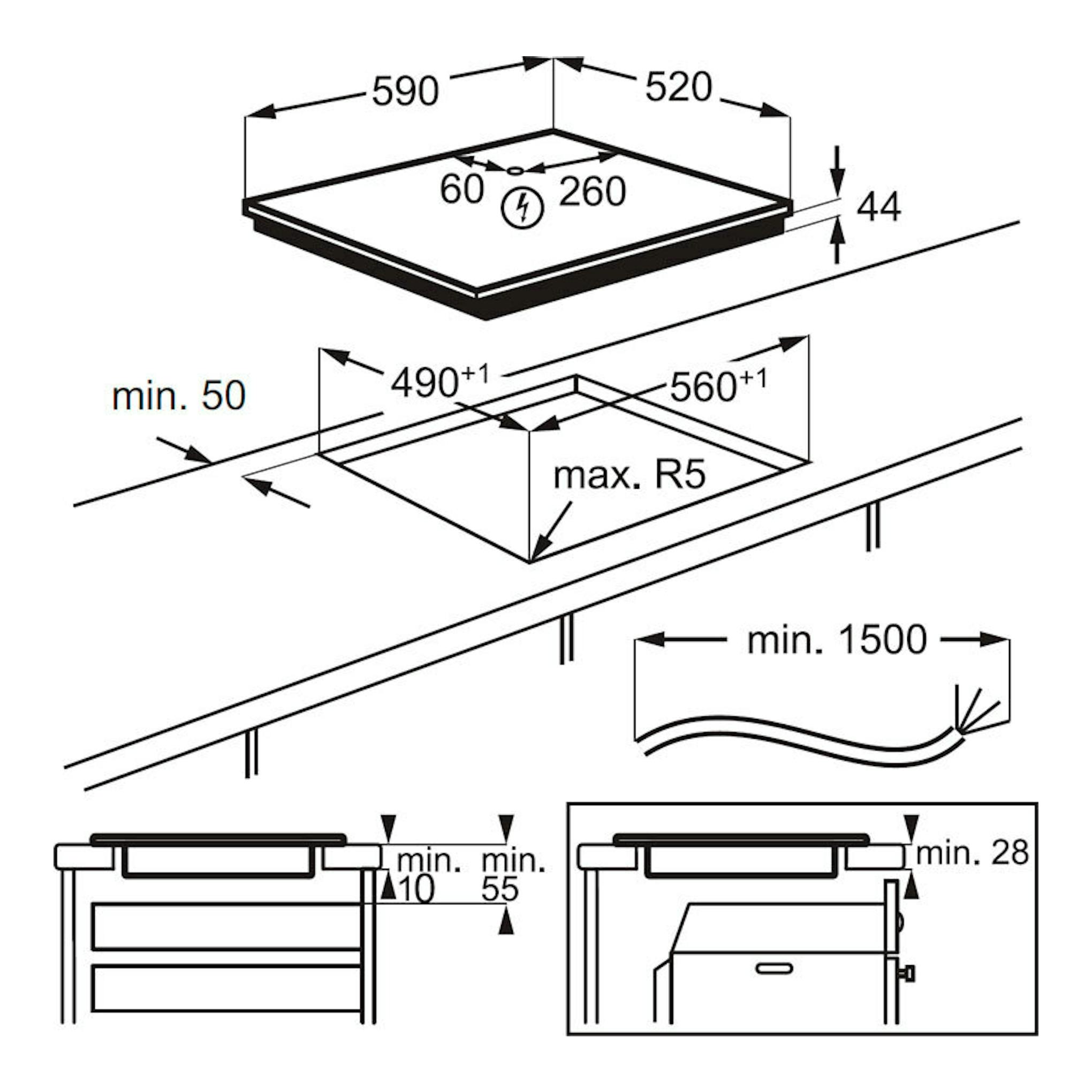 AEG TN63IP00FB: esquema técnico de placa de inducción negra de 60 cm con medidas de encastre y altura.