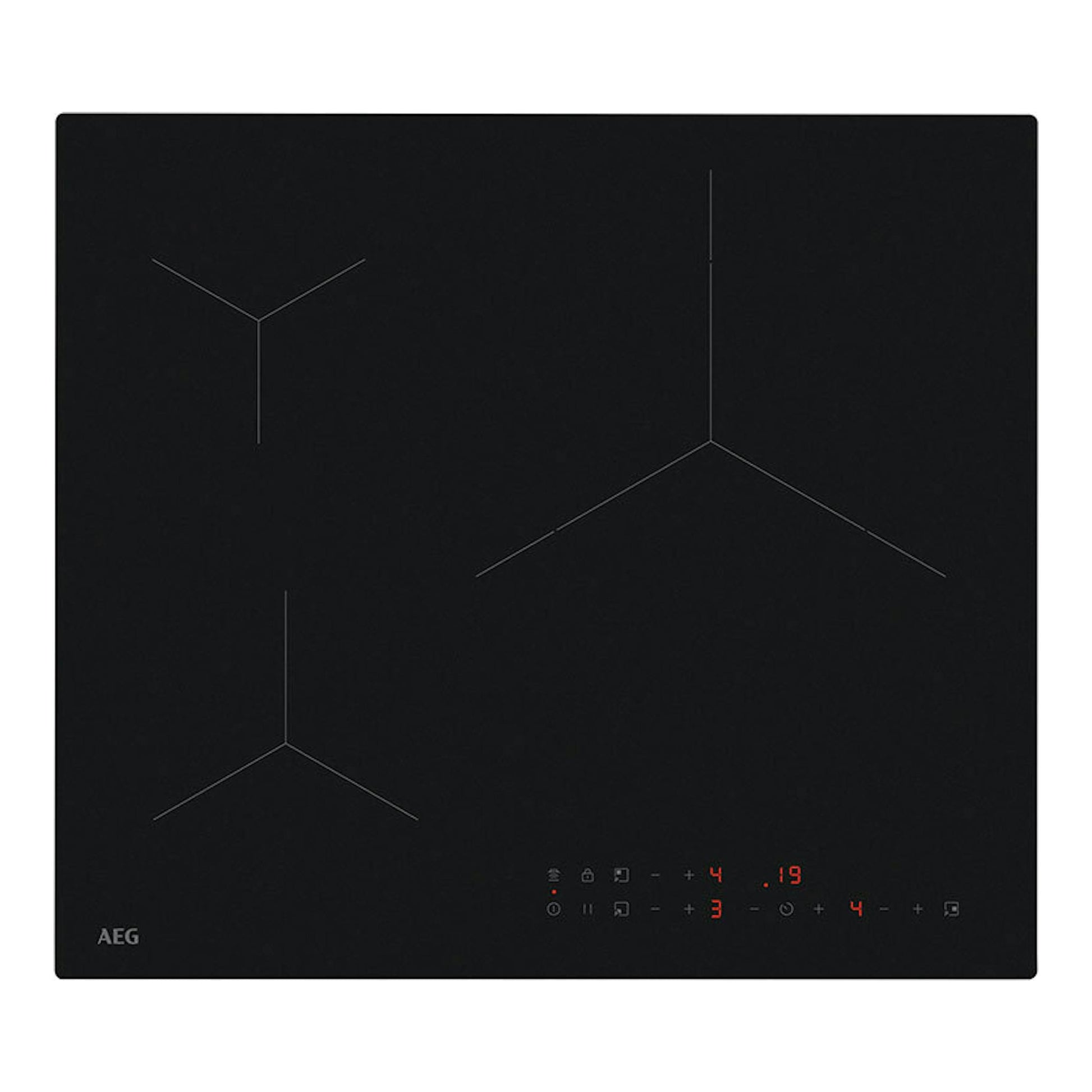 Placa de inducción AEG TN63IV00CB negra, vista cenital, con mandos táctiles iluminados.