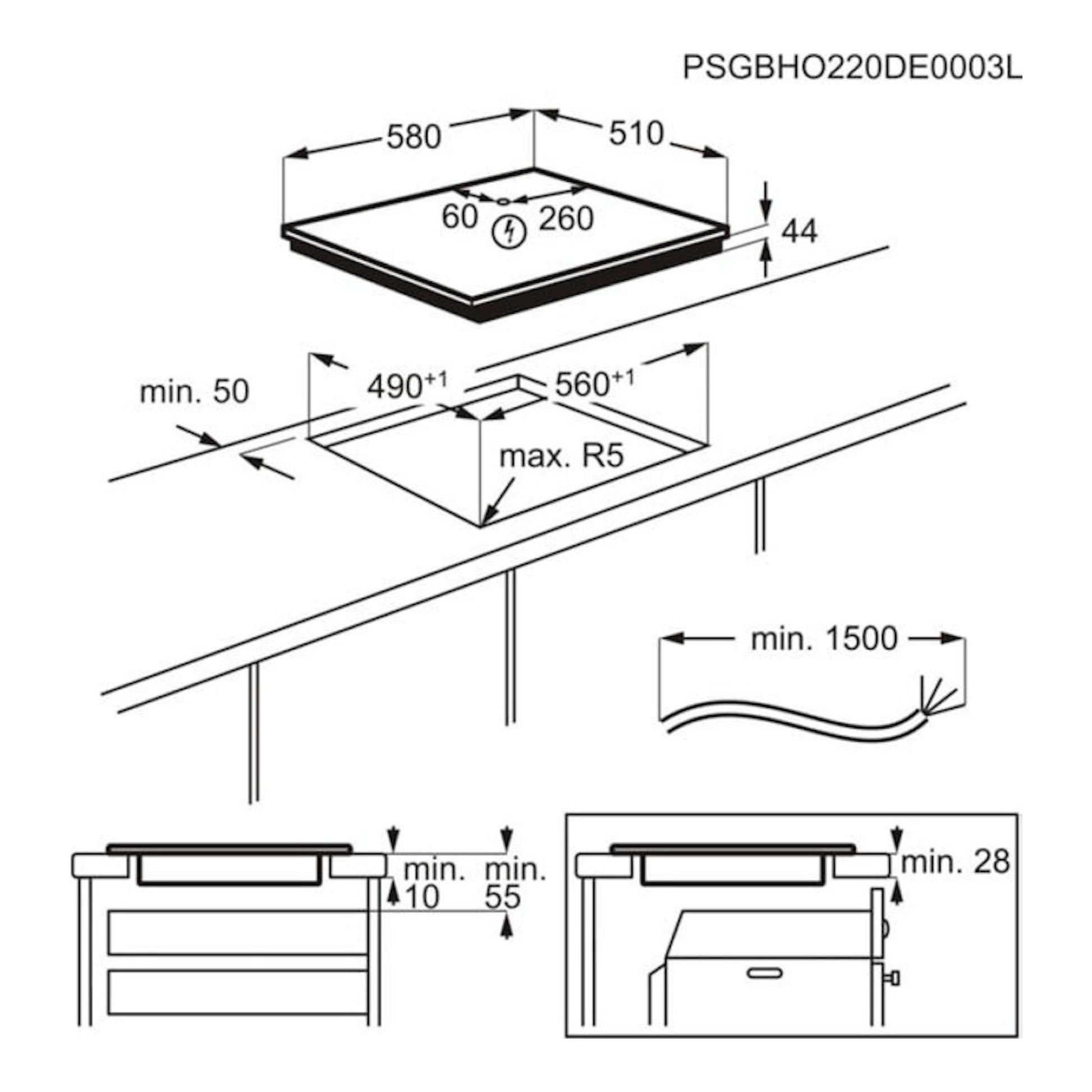 AEG TN63IV00CT 60 cm: diagrama técnico de instalación de placa de inducción negra, vista superior y secciones.