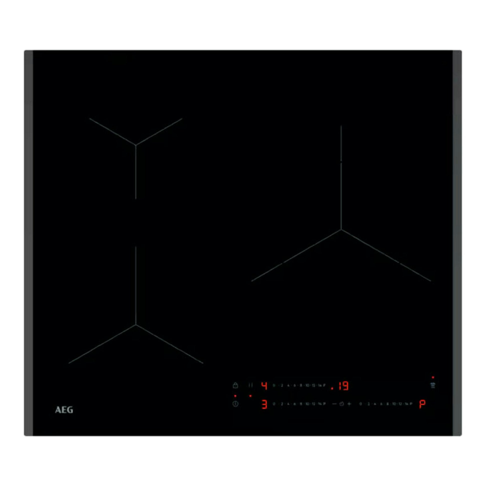 Placa de inducción AEG TO63IA00FB negra, vista superior, con controles táctiles iluminados en la parte inferior.