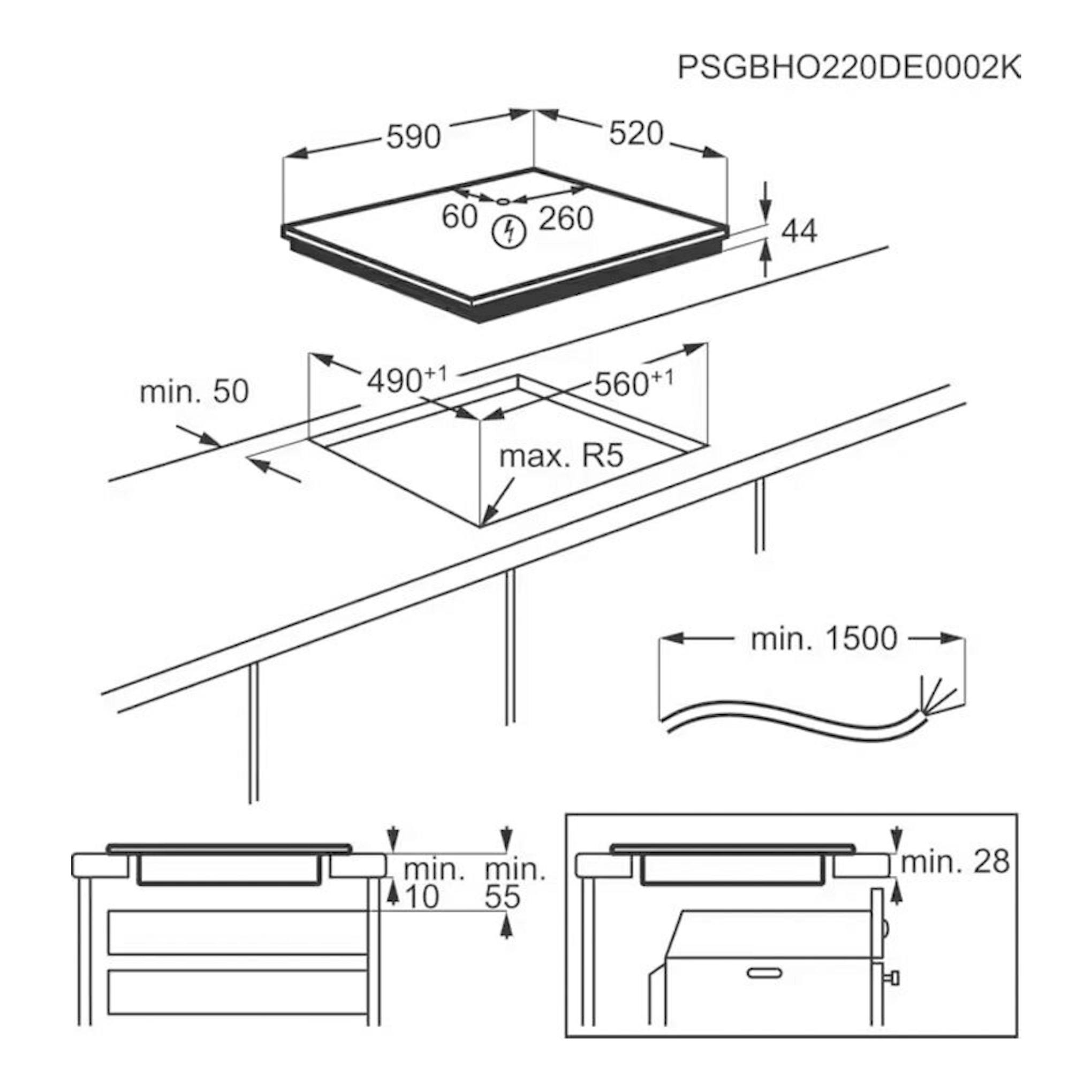 Diagrama técnico de instalación de placa de inducción AEG TO63IQ00FB negra, vista superior y lateral.