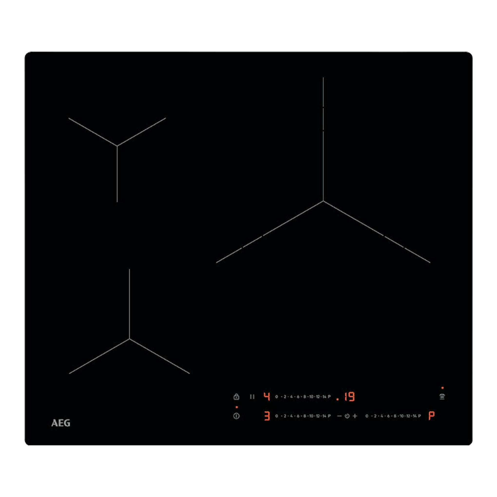 Placa de inducción AEG TO63IV00IB negra, vista superior con cuatro zonas y controles táctiles.