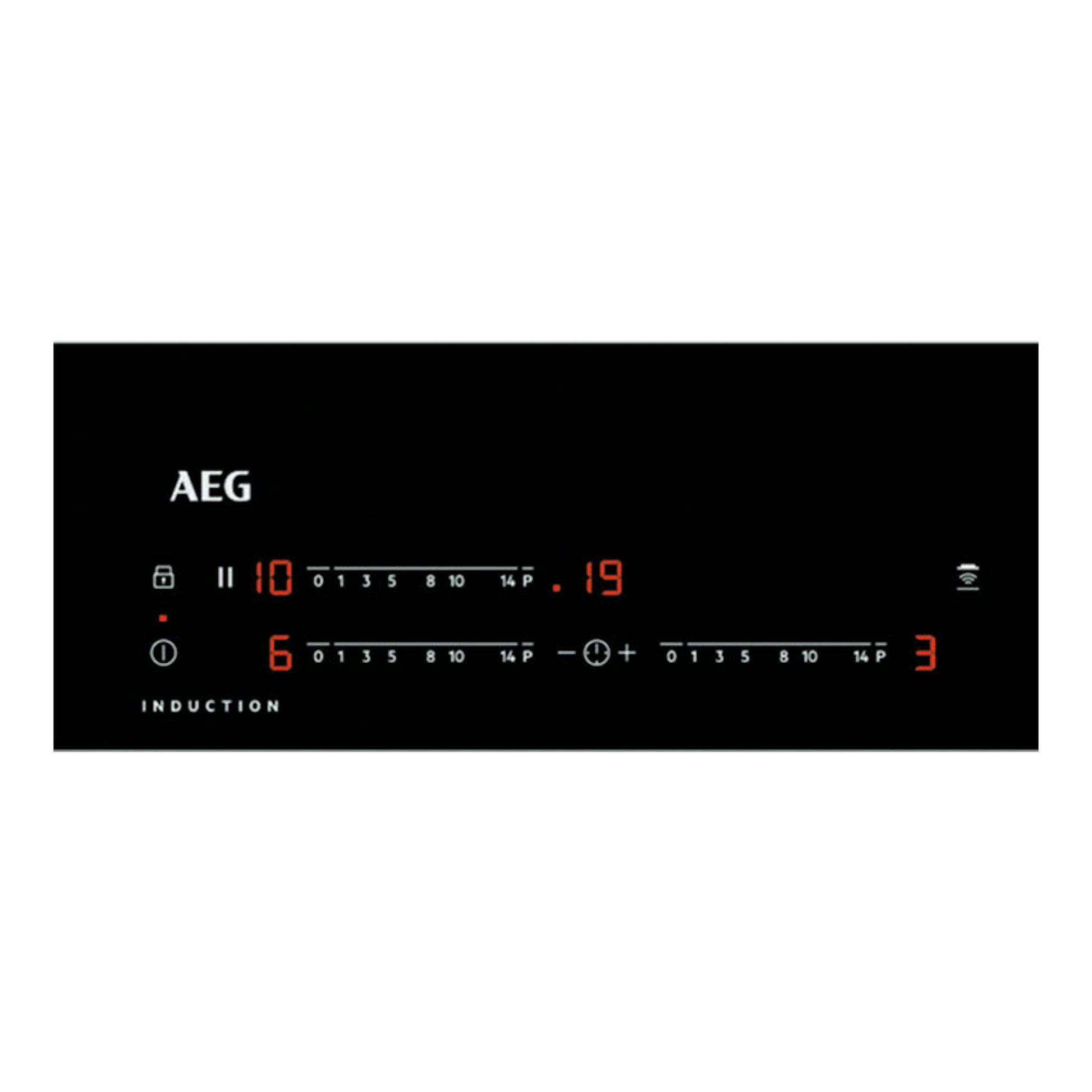 Placa de inducción AEG TO63IV00IB negra, vista frontal con panel táctil y displays rojos.