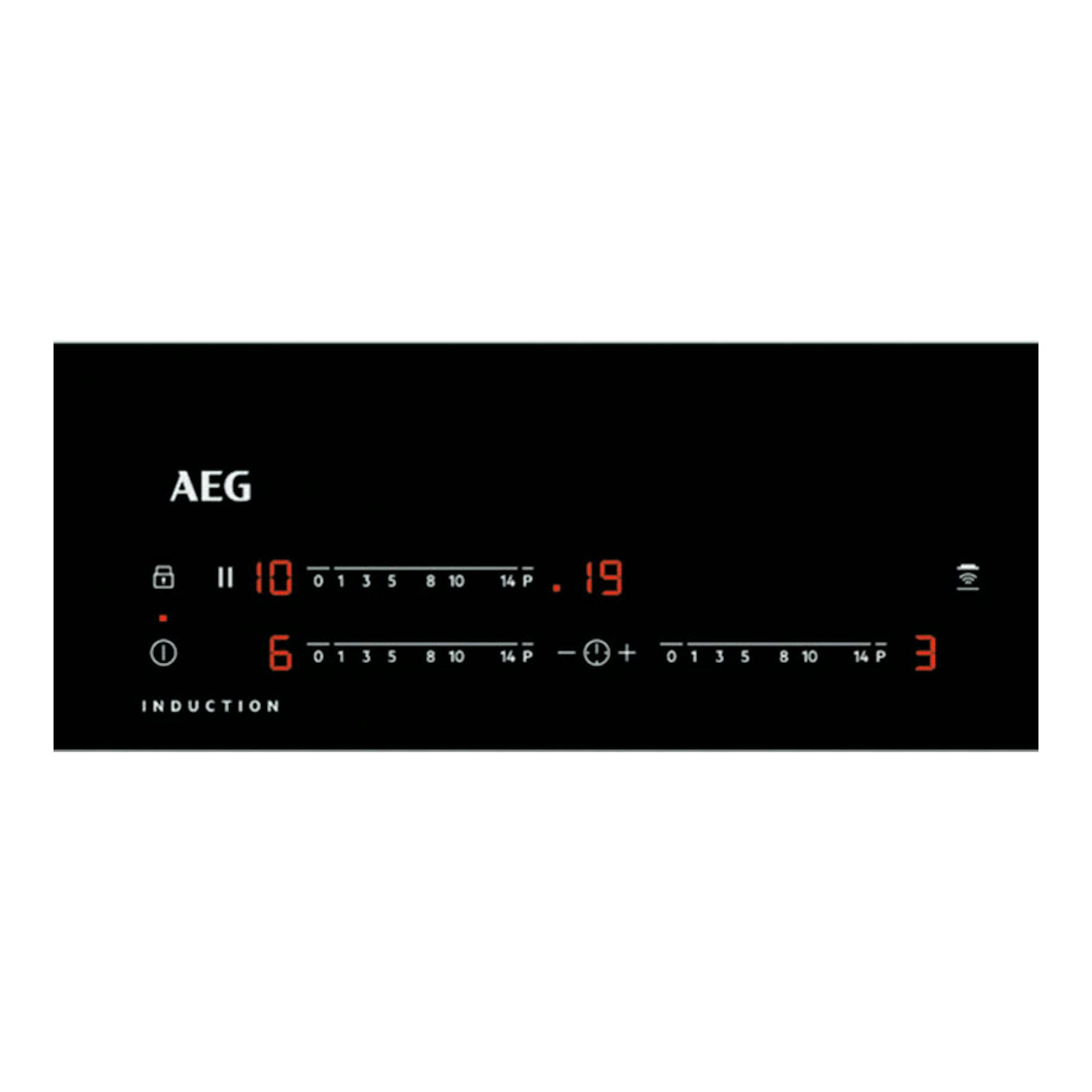 Placa de inducción AEG TO63IV00IB negra, vista frontal con panel táctil y displays rojos.