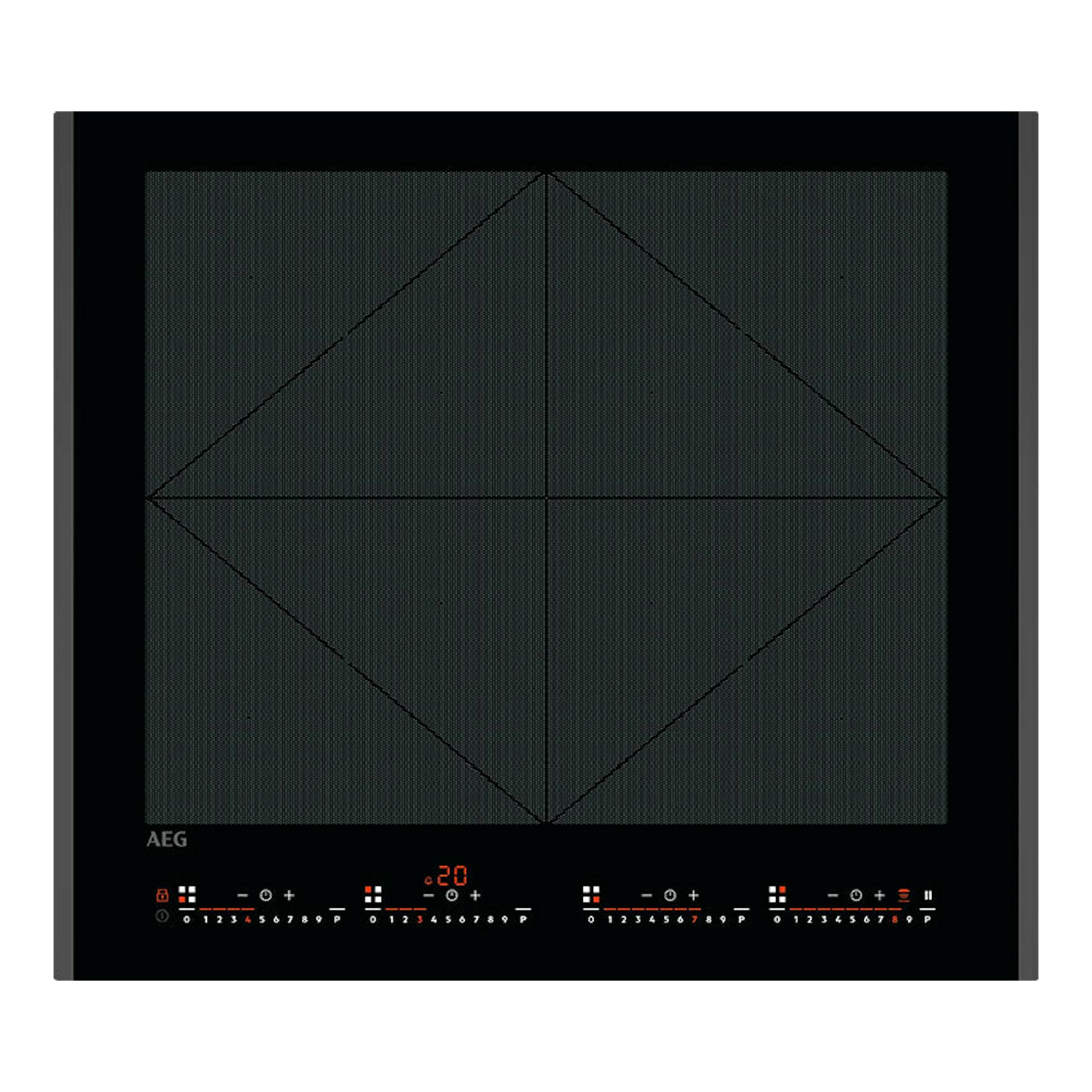 Placa de inducción AEG TR64IT00FB negra, vista frontal, con cuatro zonas y panel táctil inferior.