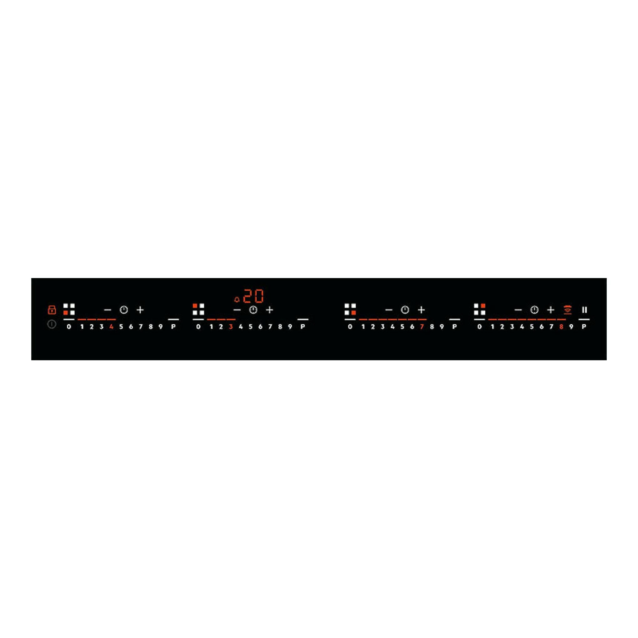 Placa de inducción AEG TR64IT00FB, vista frontal de panel negro con controles táctiles y display naranja.