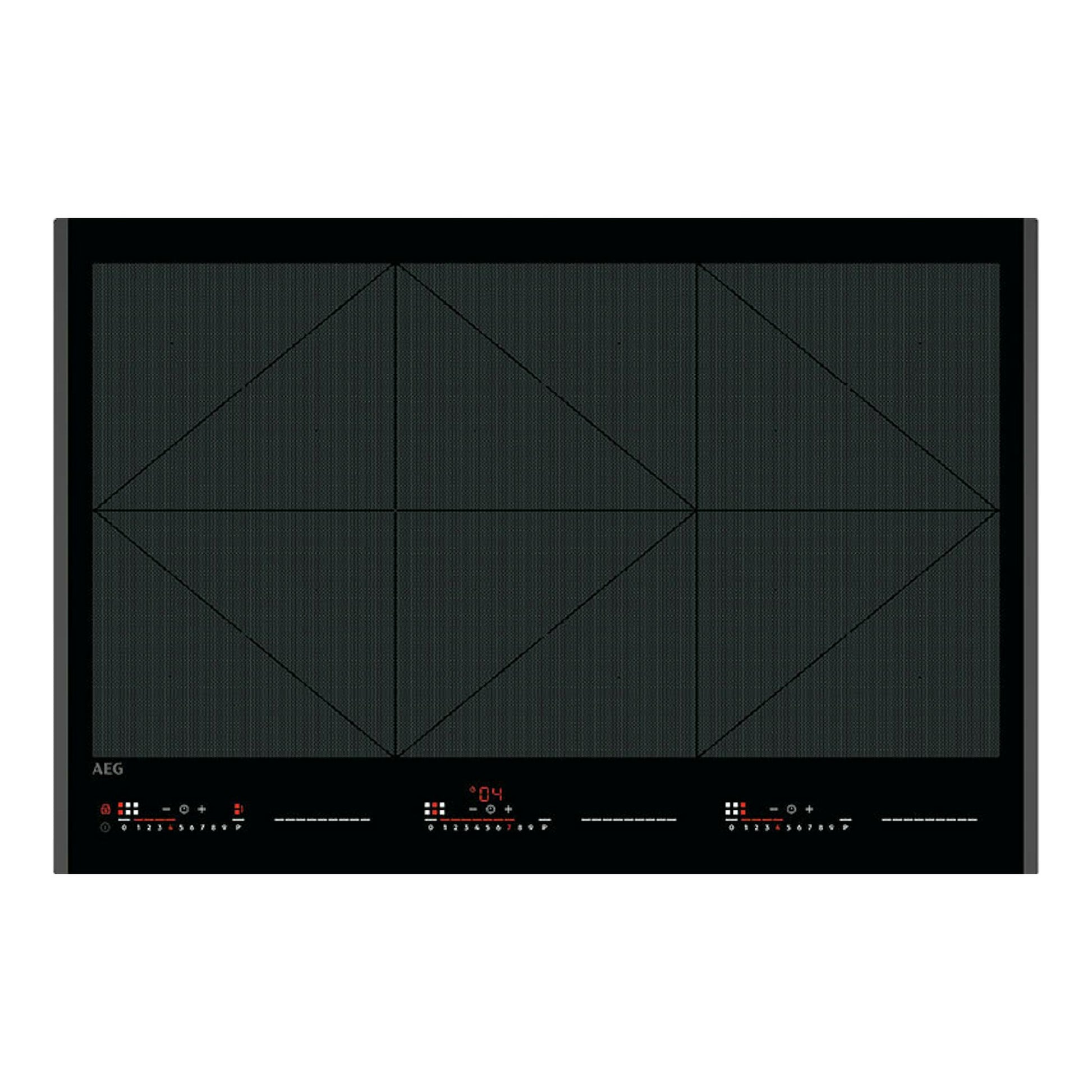 Placa de inducción AEG TR84IT00FB negra, vista frontal, con cuatro zonas de cocción y panel táctil.