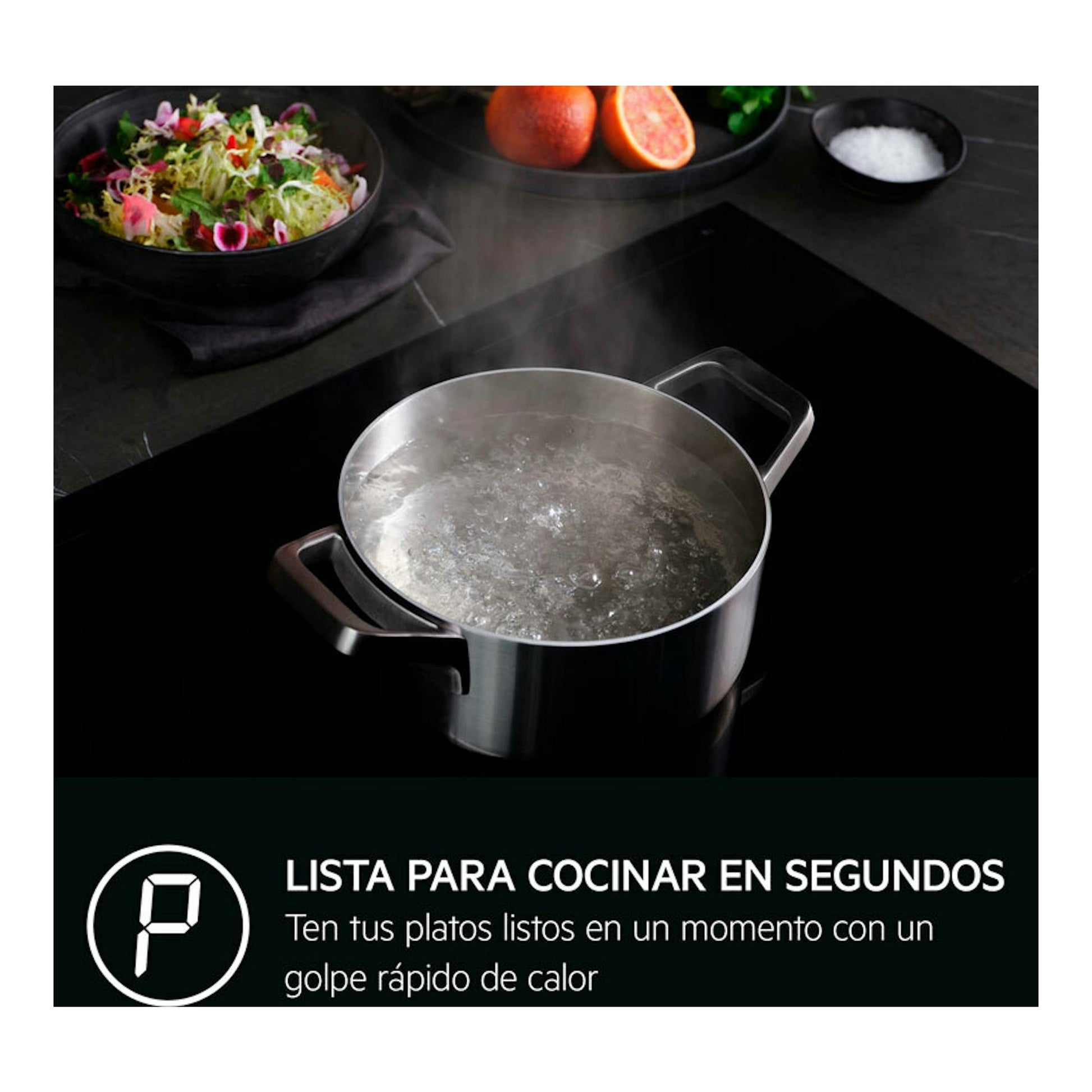 Placa de inducción AEG TR84IT00FB negra con olla hirviendo y texto promocional.