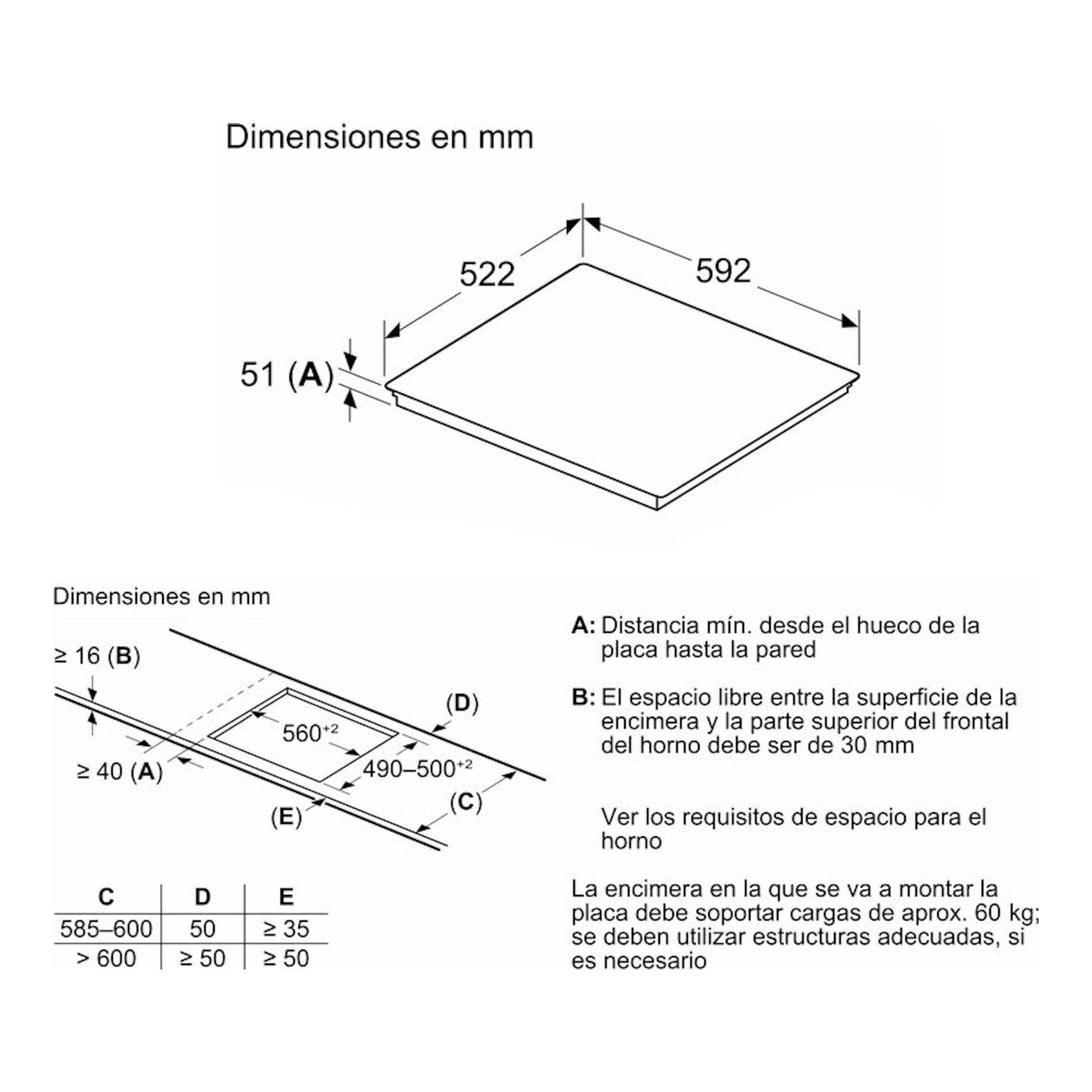 Diagrama de dimensiones en mm de la placa de inducción Balay 3EB960AH, vista en perspectiva, 60 cm.