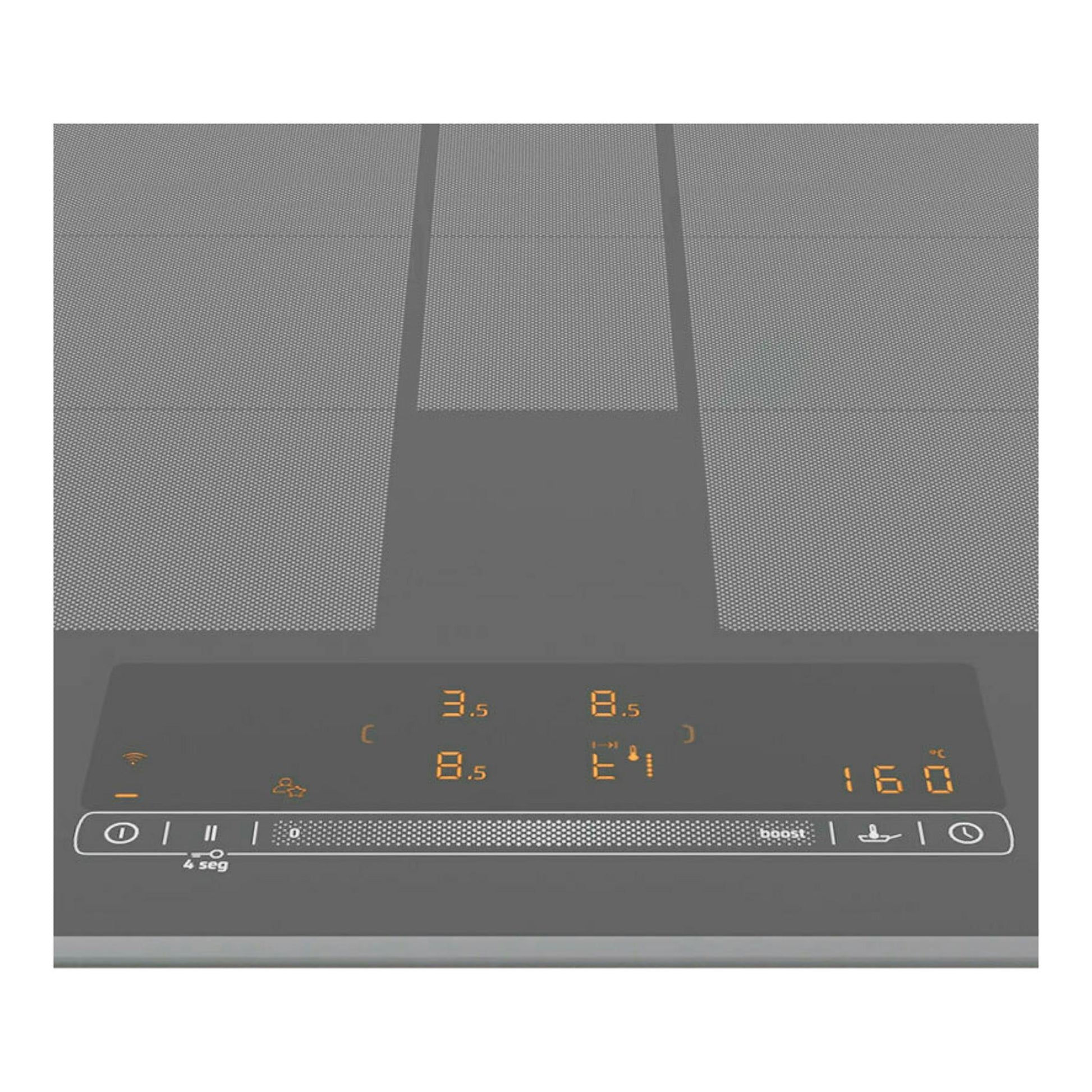 Placa de inducción Balay 3EB960AH negra, vista superior, con panel táctil y display naranja.