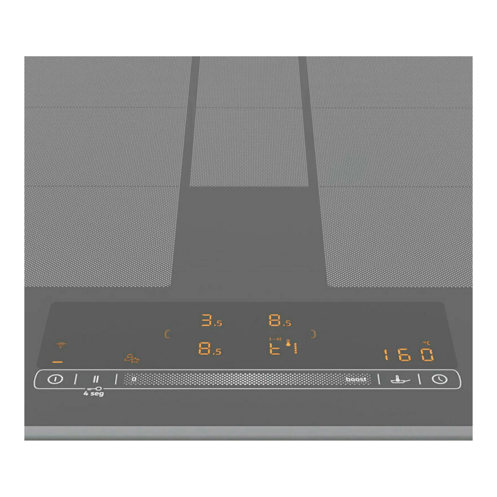 Placa de inducción Balay 3EB960AH negra, vista superior, con panel táctil y display naranja.