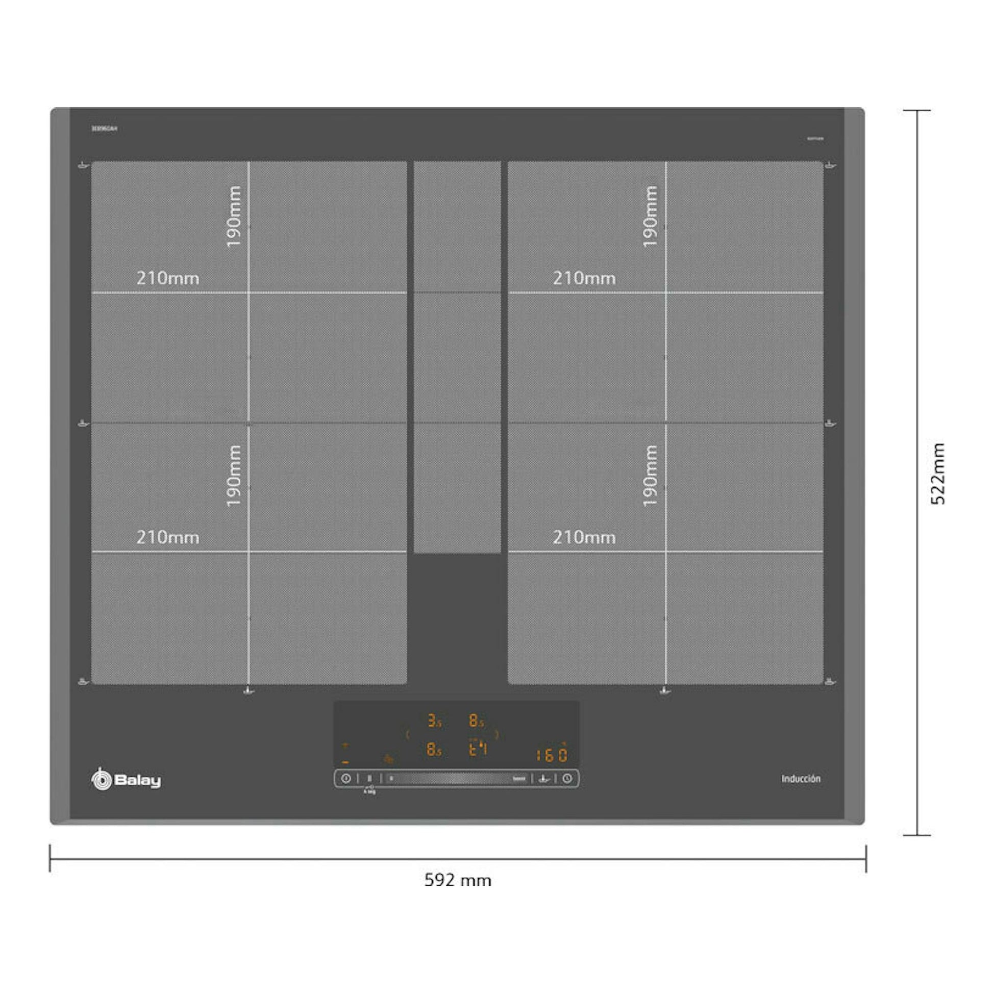 Placa de inducción Balay 3EB960AH, vista superior, negra, con cuatro zonas y panel táctil.