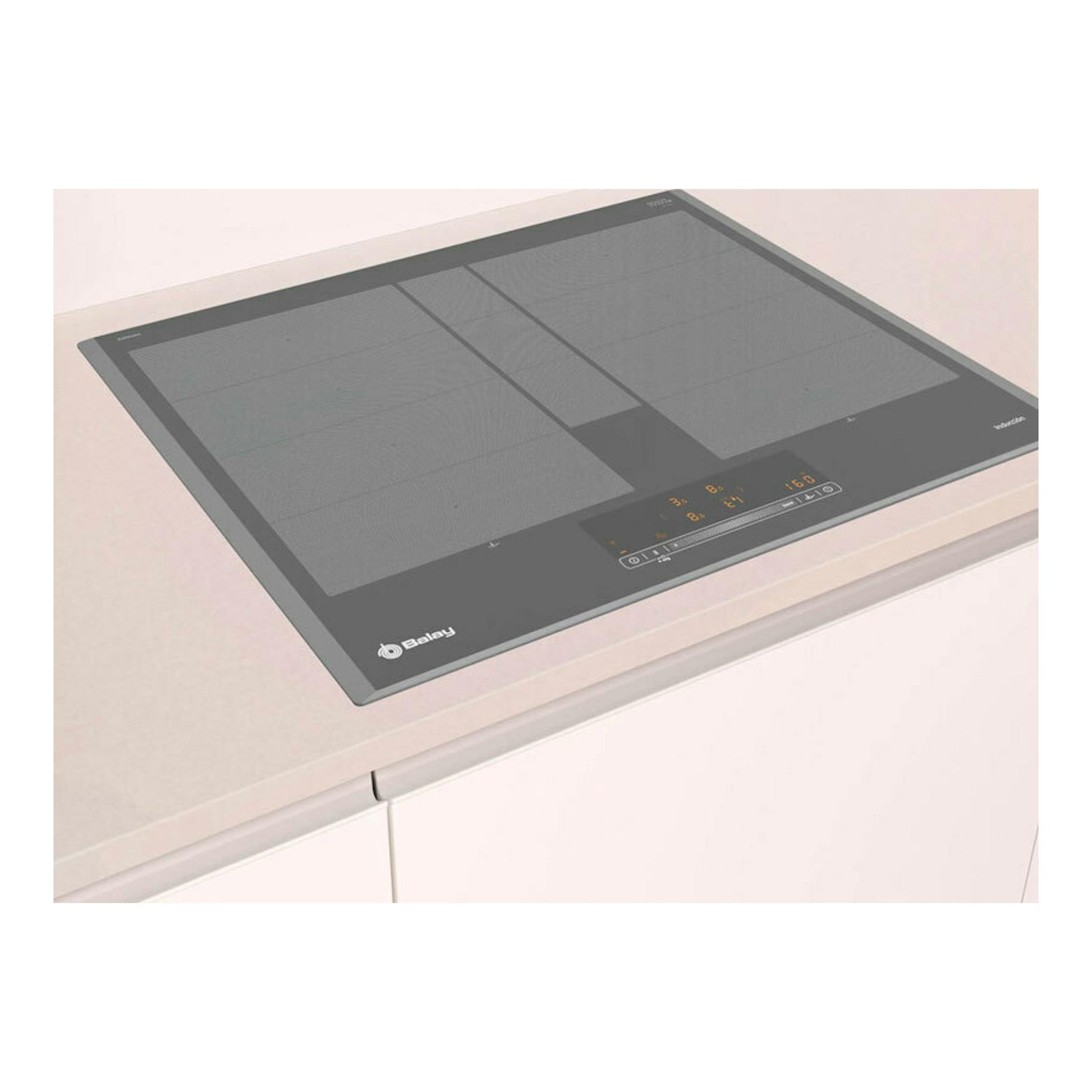 Placa de inducción Balay 3EB960AH negra, vista en ángulo sobre encimera blanca.