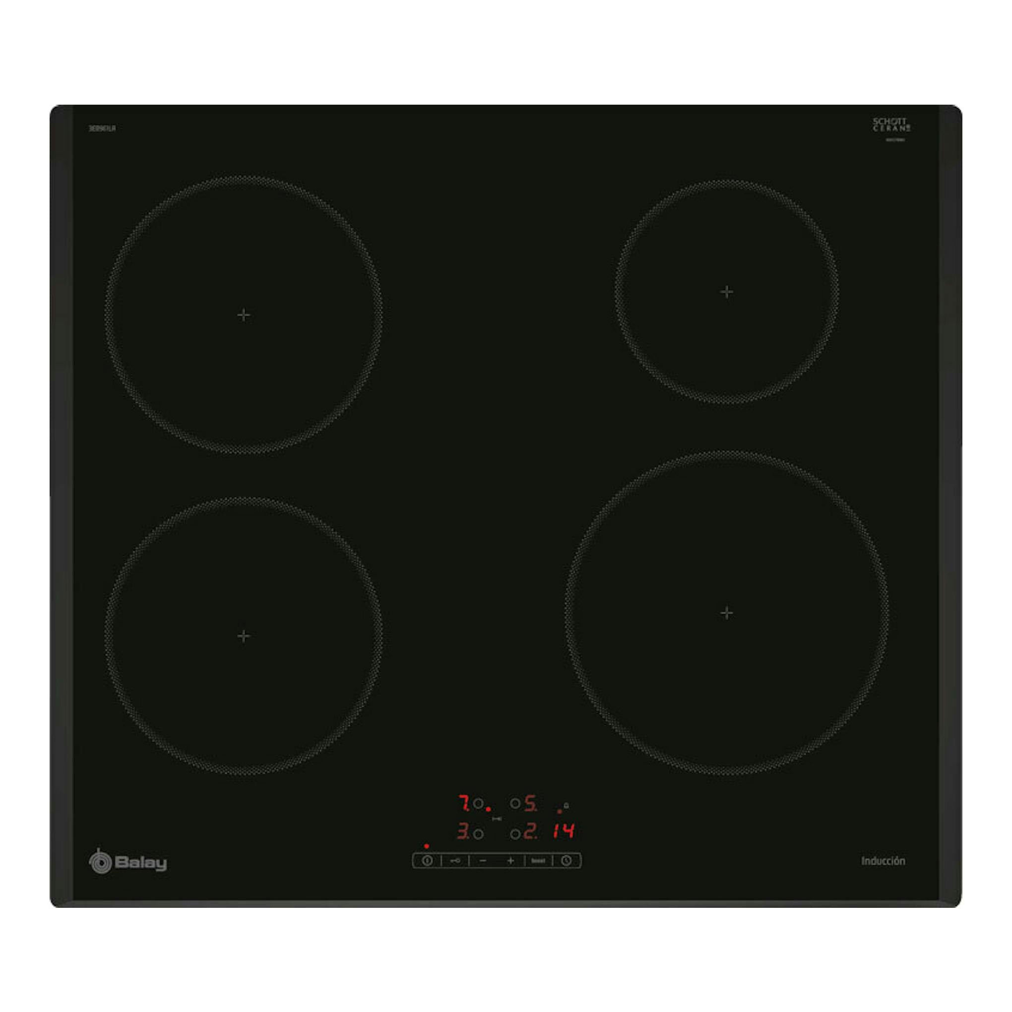 Placa de inducción Balay 3EB961LR negra, vista frontal, con cuatro zonas de cocción y panel táctil central.