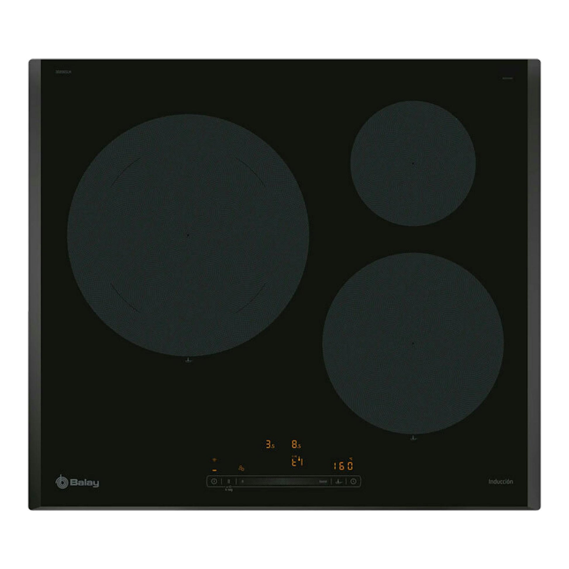 Placa de inducción Balay 3EB965LH negra, vista frontal, con tres zonas de cocción.
