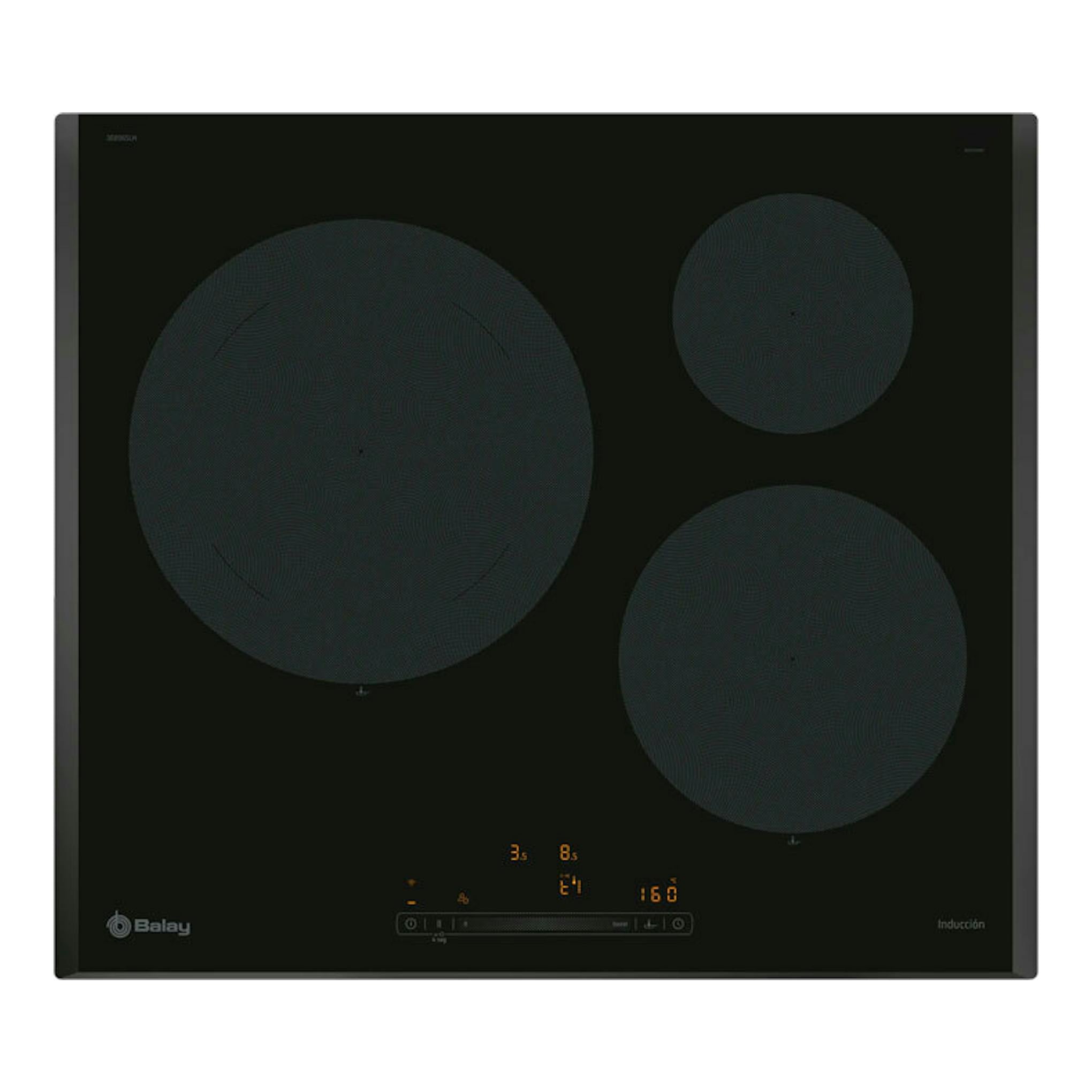 Placa de inducción Balay 3EB965LH negra, vista frontal, con tres zonas de cocción.