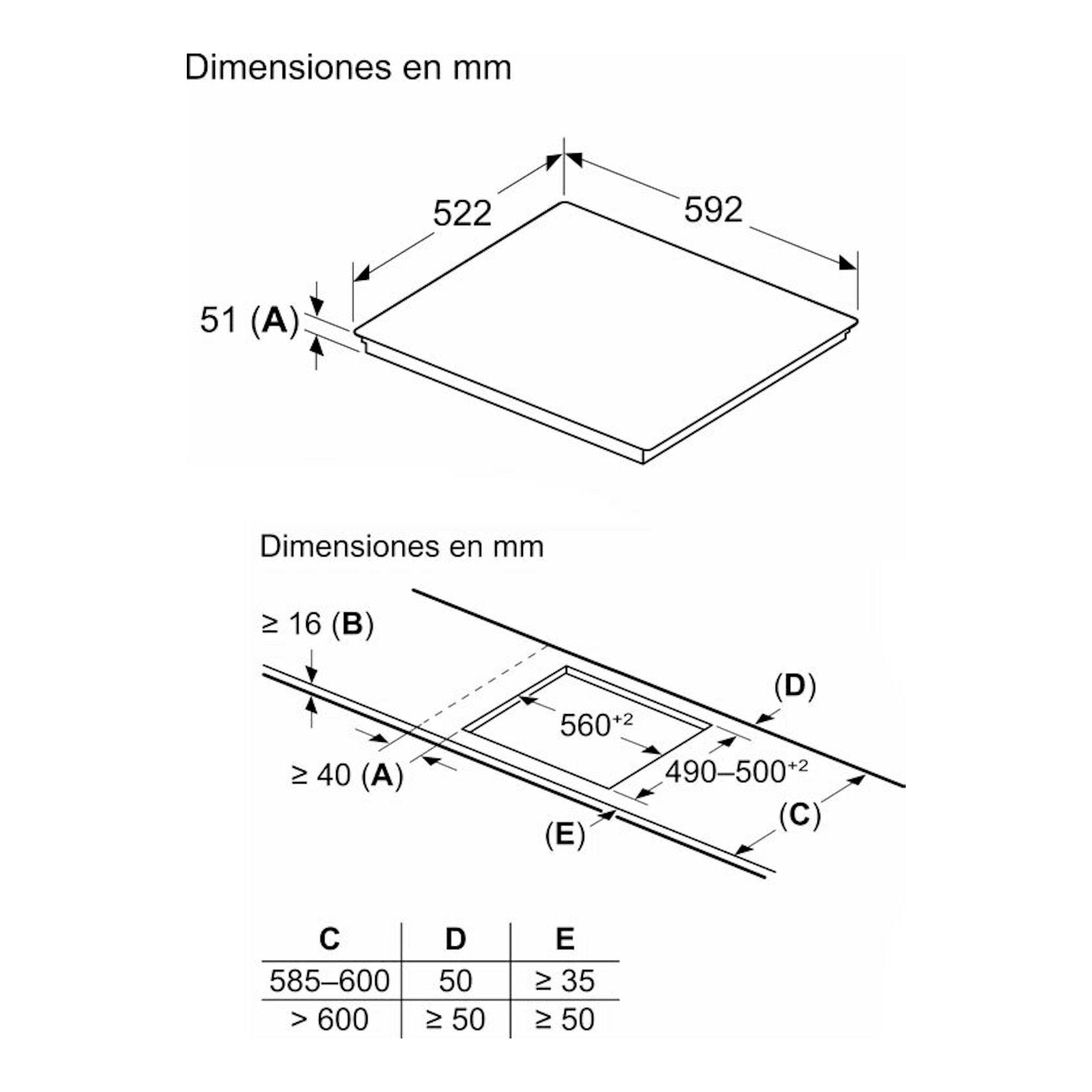 Diagrama técnico de la placa de inducción Balay 3EB965LH, vista en perspectiva, con medidas en mm.