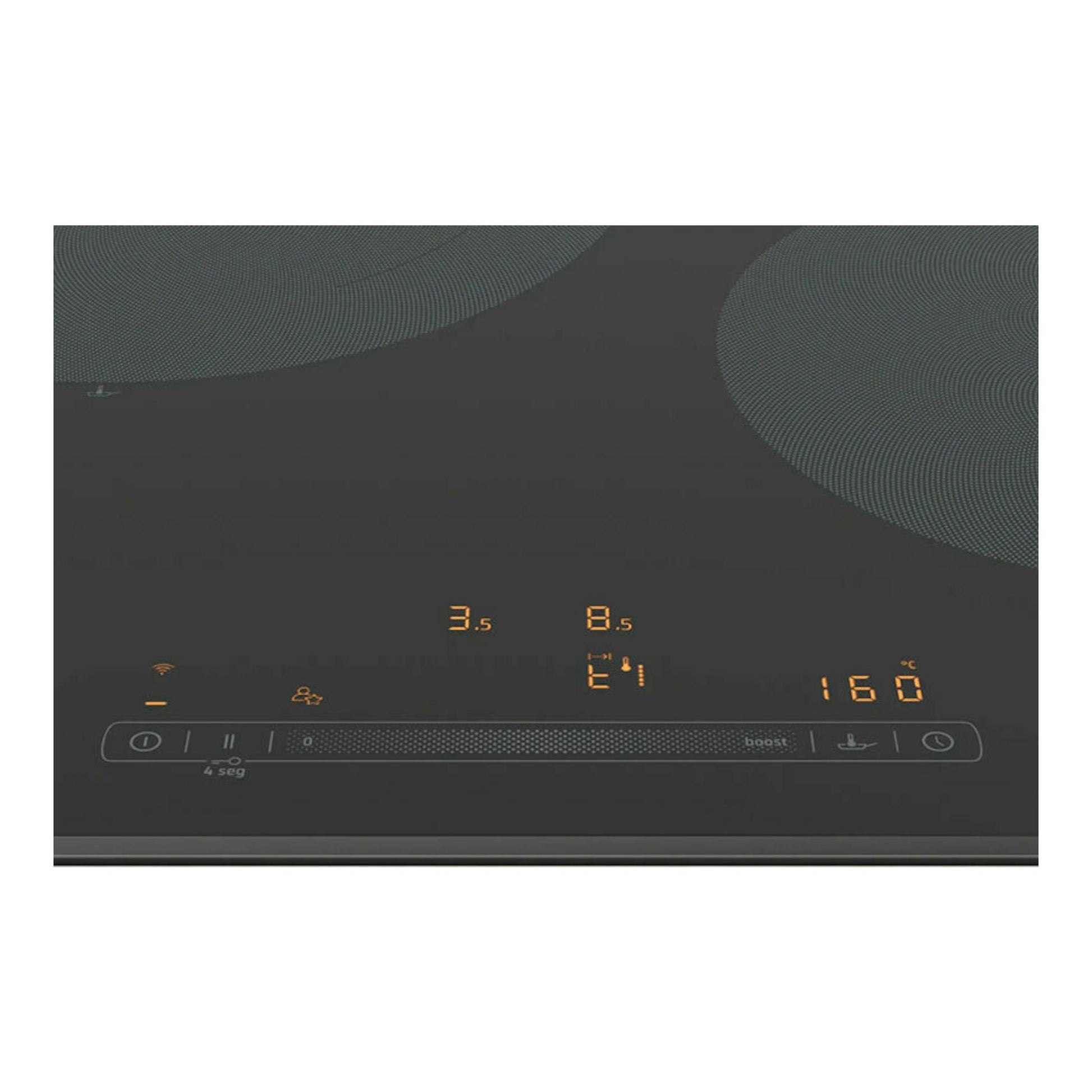 Placa de inducción Balay 3EB965LH negra, vista frontal con mandos táctiles iluminados en naranja.