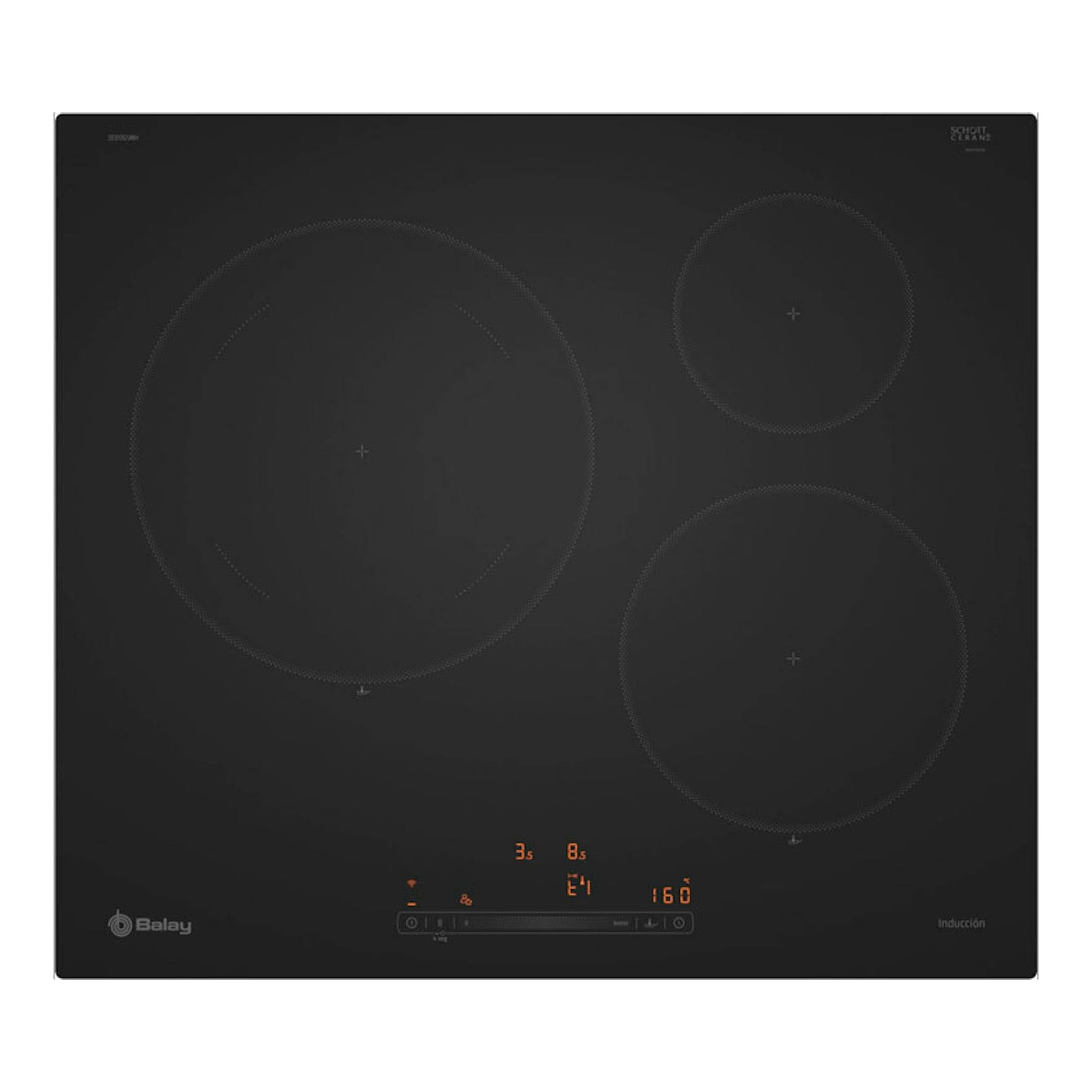 Placa de inducción Balay 3EB965MH negra, vista frontal, con tres zonas de cocción y panel táctil.